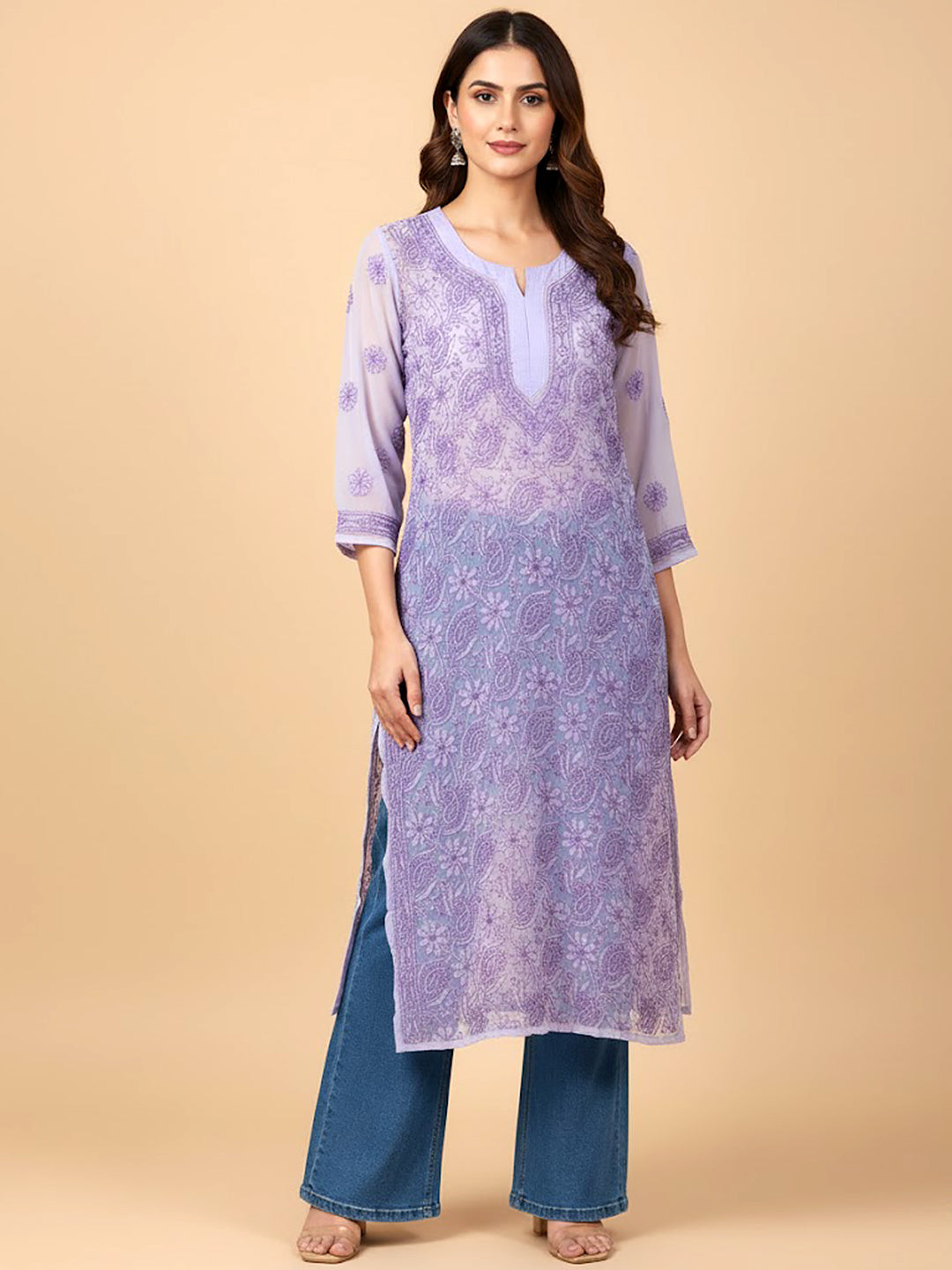 Lavender Georgette Chikankari Straight Kurti