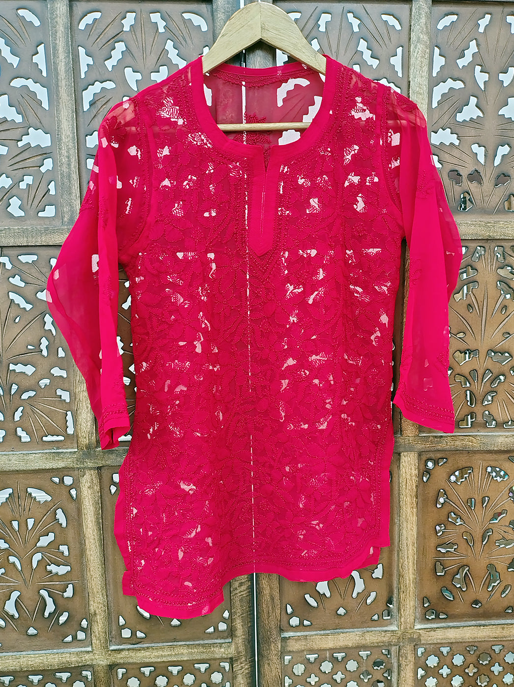 Red Georgette Chikankari Short Jaal Kurti