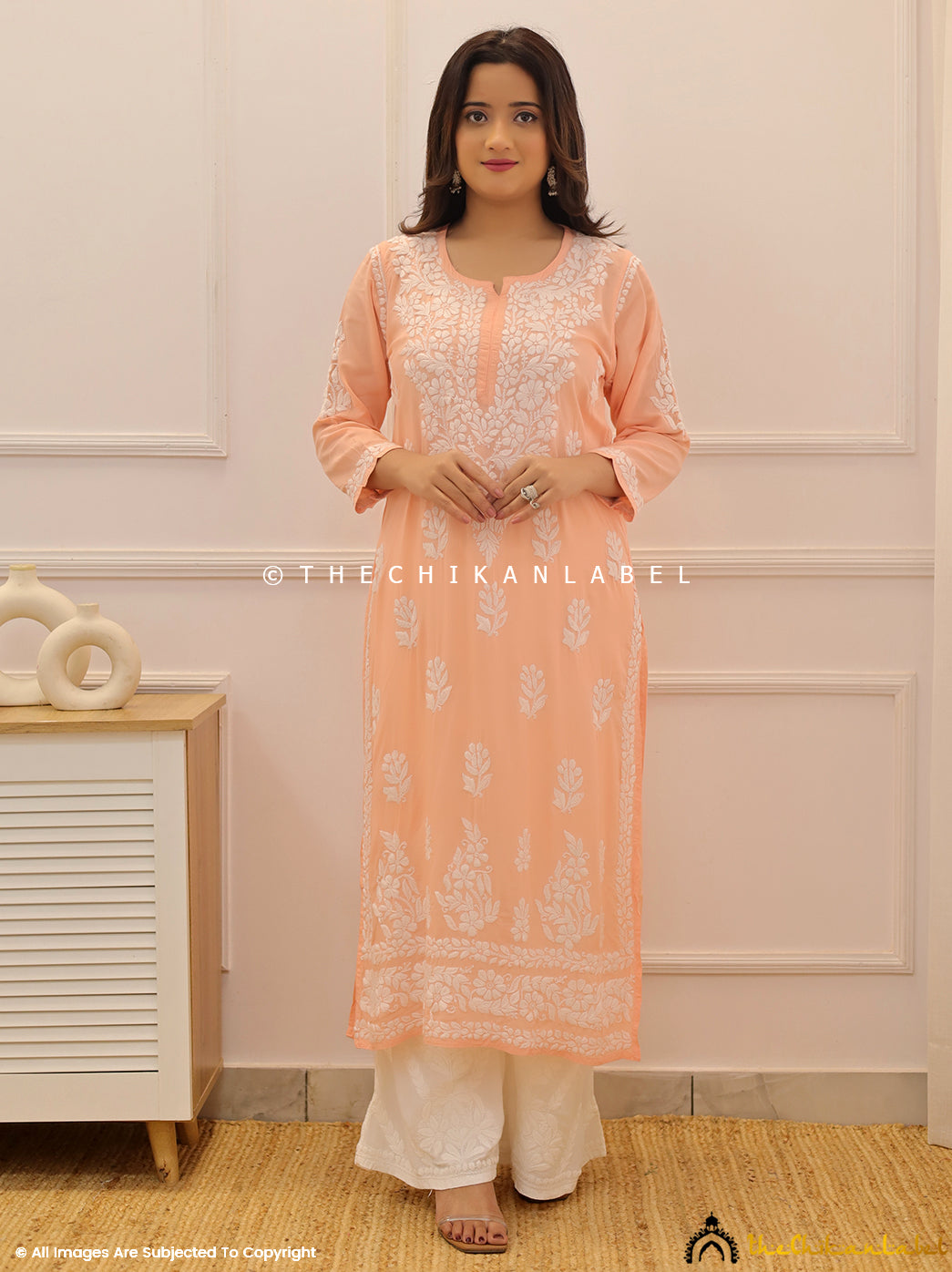 Peach Modal Chikankari Straight Kurti