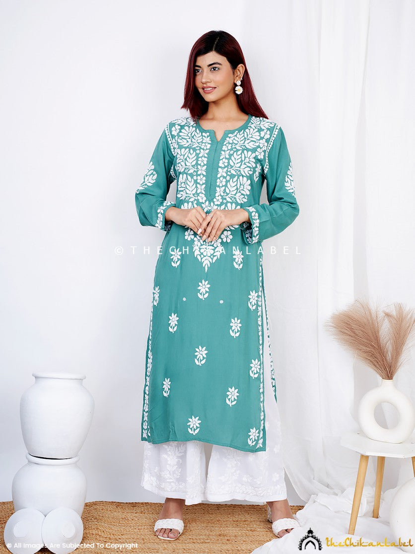 Green Binal Rayon Chikankari Straight Kurti
