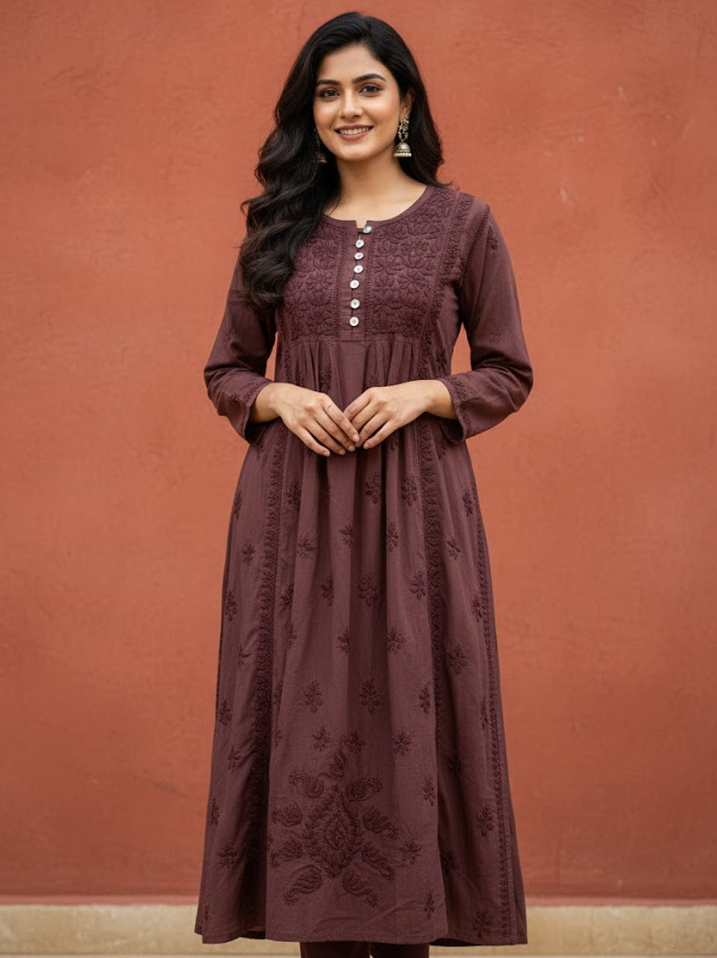 Choco Cotton Chikankari A-Line Kurti