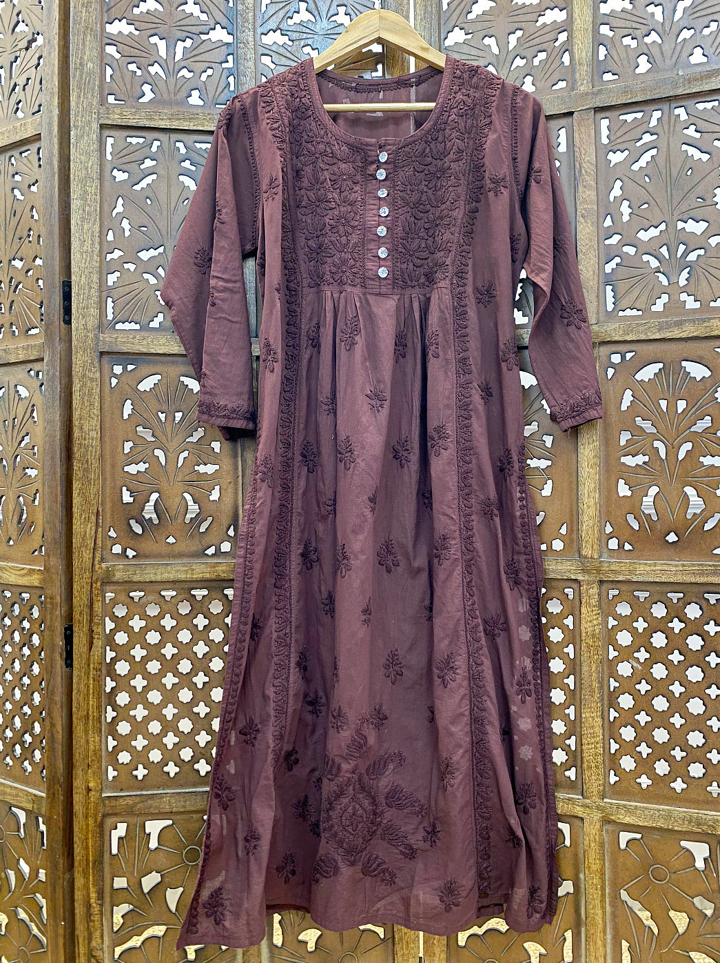 Choco Cotton Chikankari A-Line Kurti