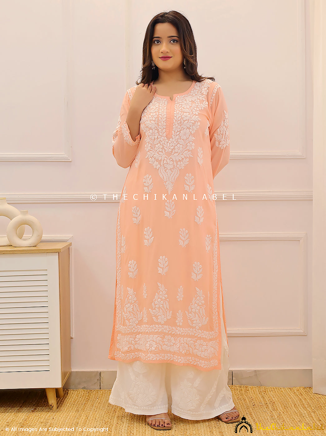 Peach Modal Chikankari Straight Kurti