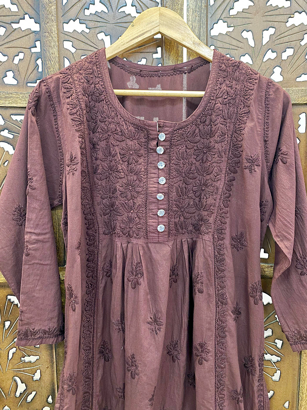 Choco Cotton Chikankari A-Line Kurti