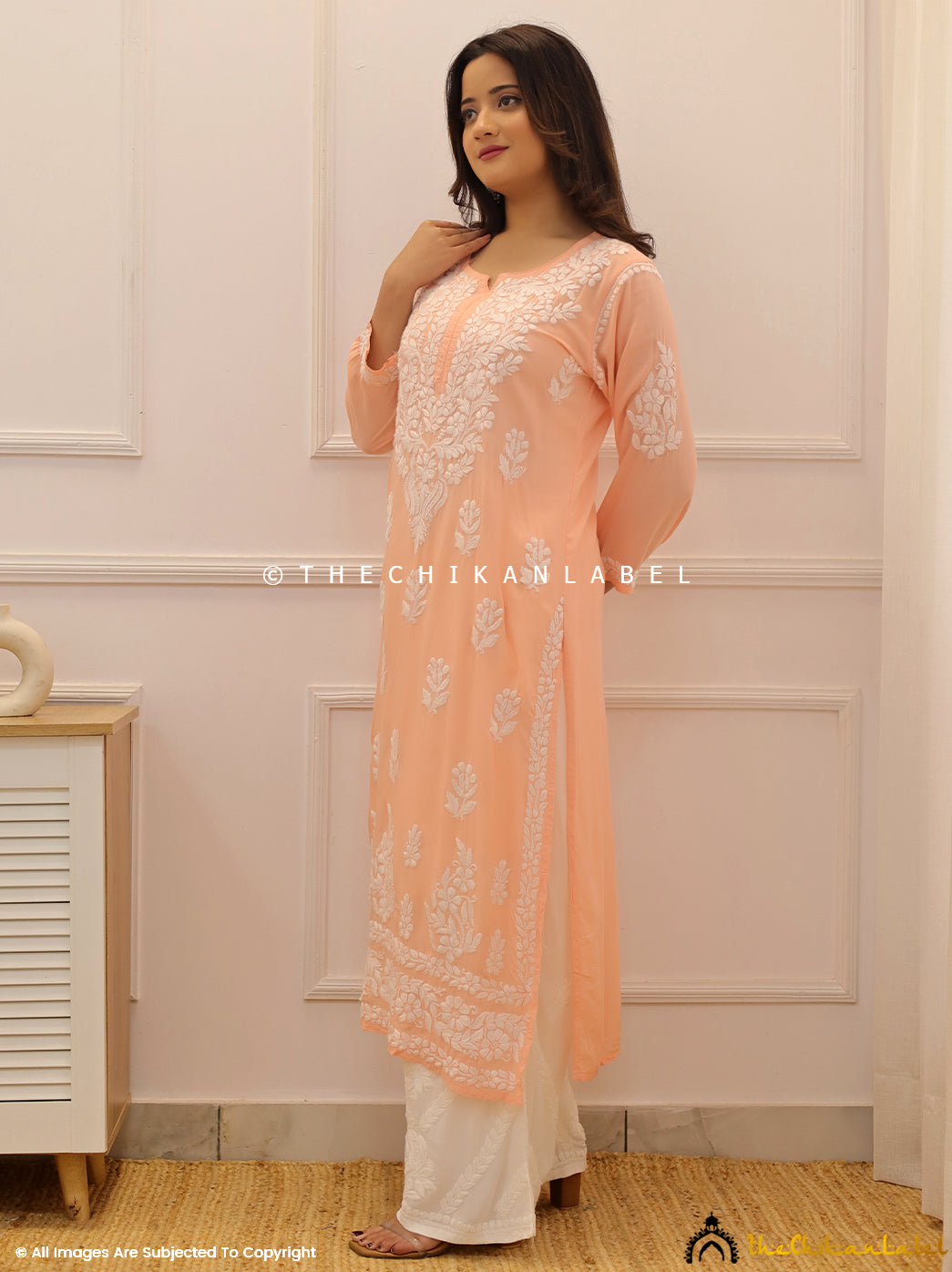 Peach Modal Chikankari Straight Kurti