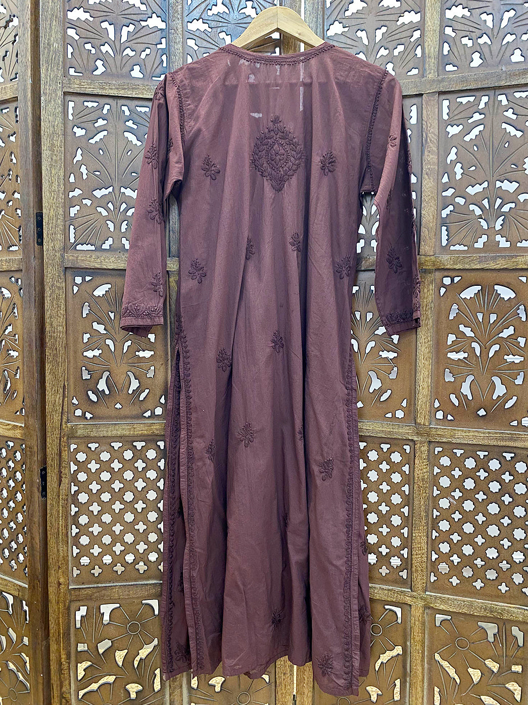 Choco Cotton Chikankari A-Line Kurti