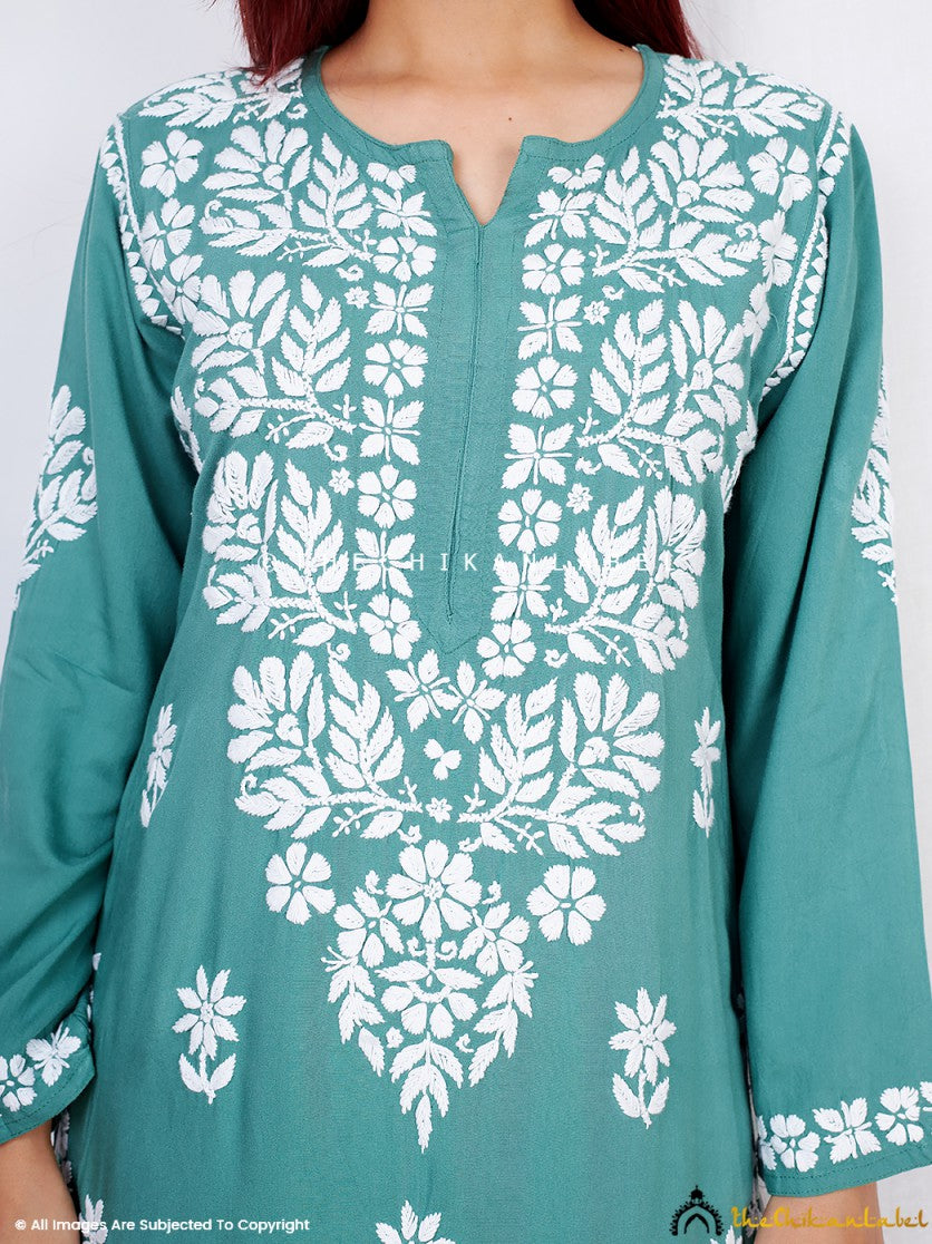 Green Binal Rayon Chikankari Straight Kurti