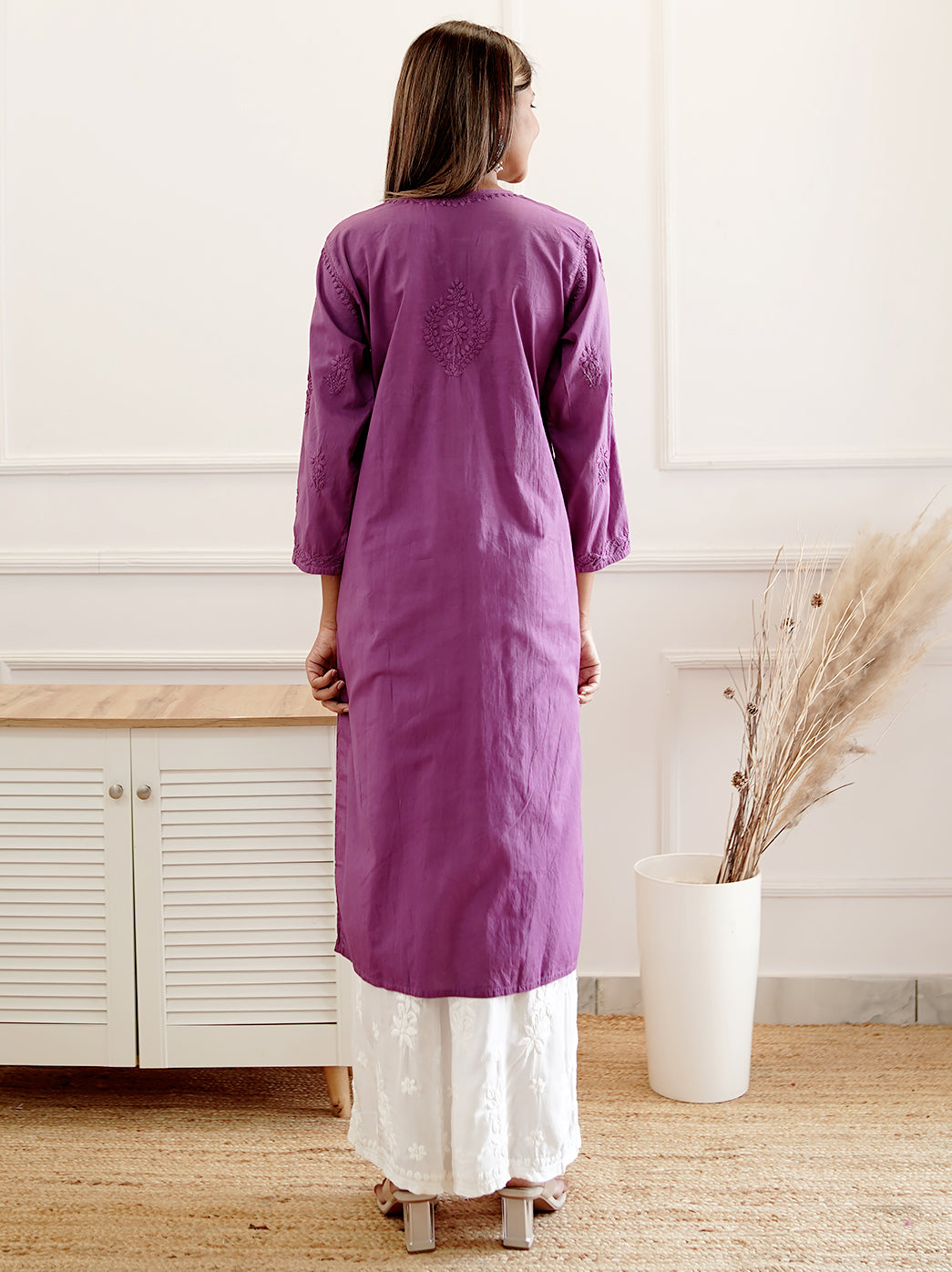 Purple Cotton Chikankari Straight Kurti
