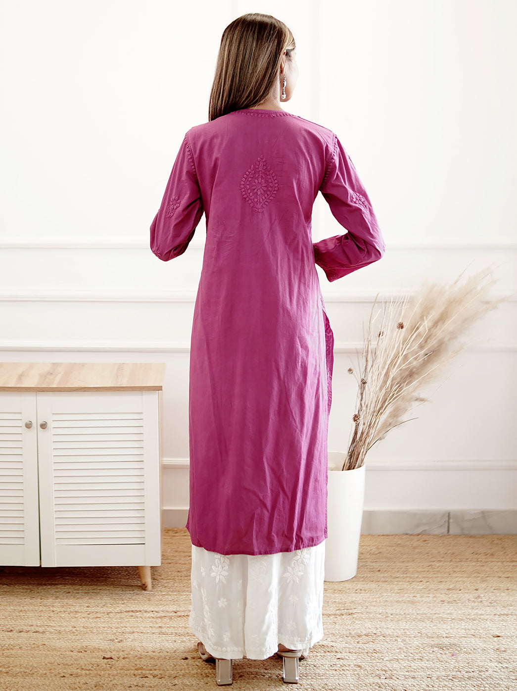 Purple Cotton Chikankari Straight Kurti