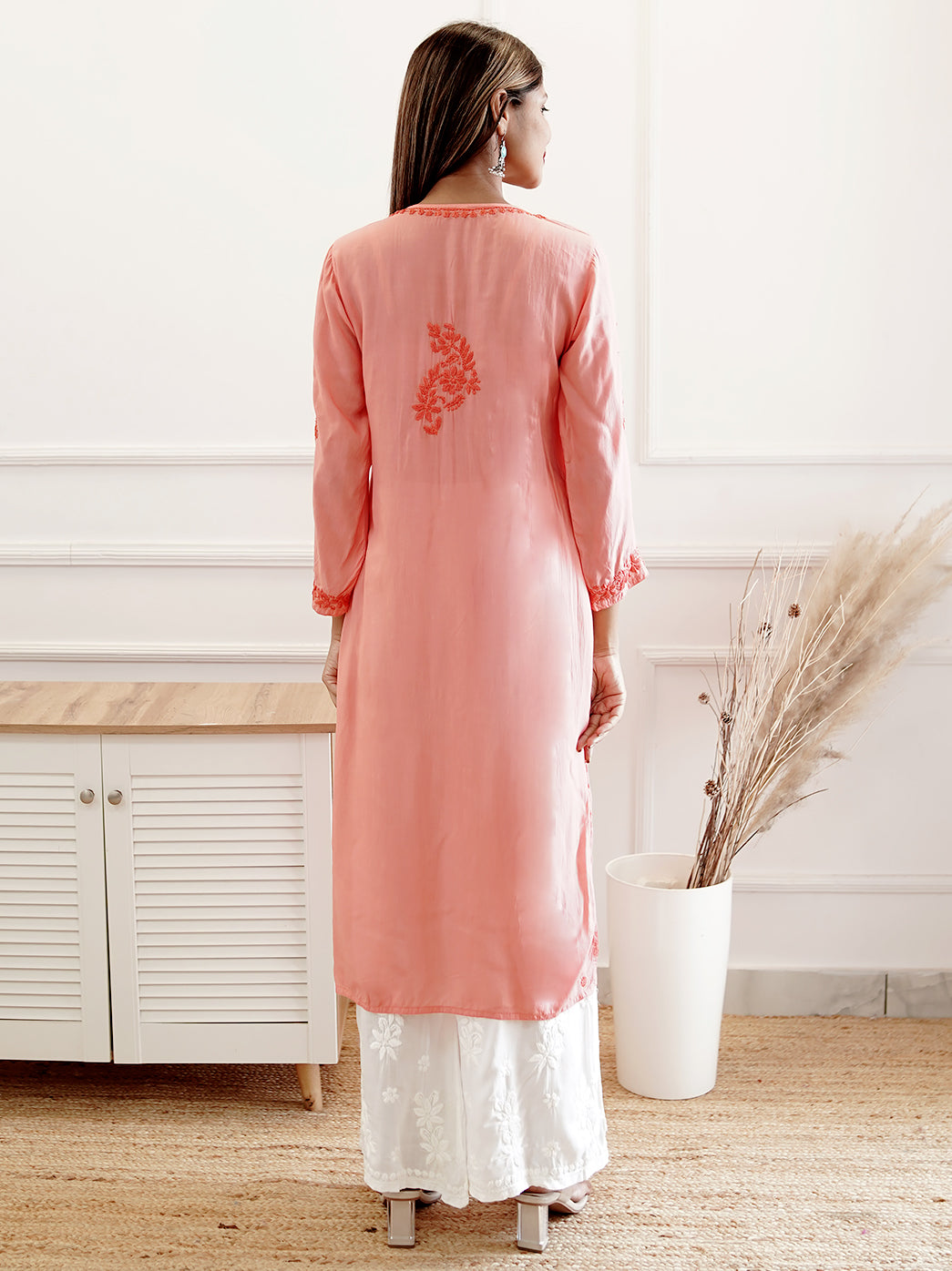 Orange Modal Chikankari Straight Kurti