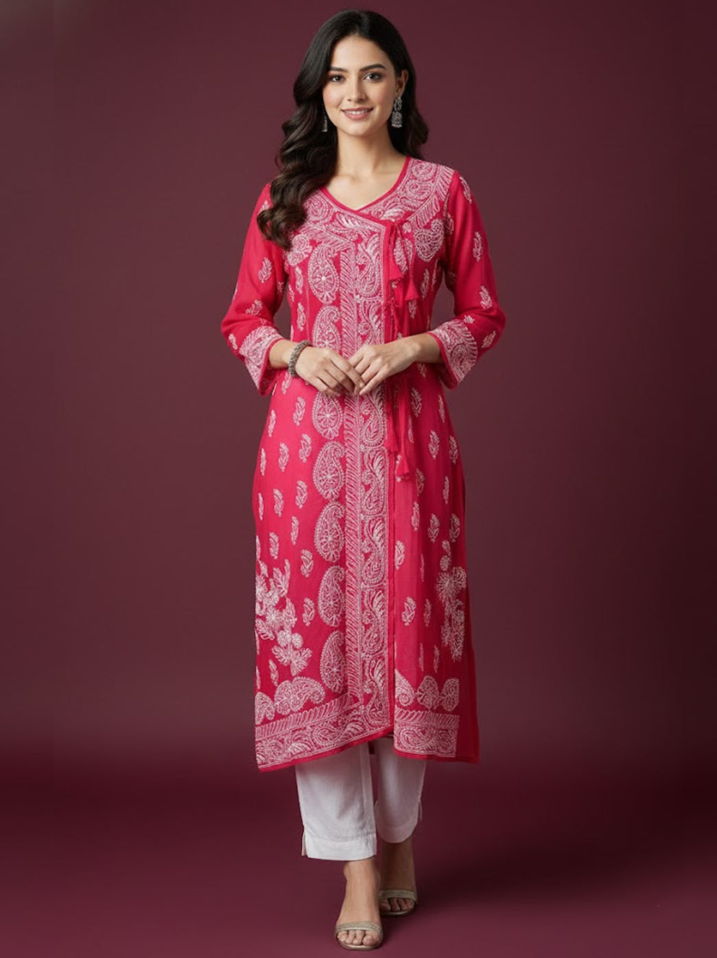 Red Georgette Chikankari Angrakha Kurti