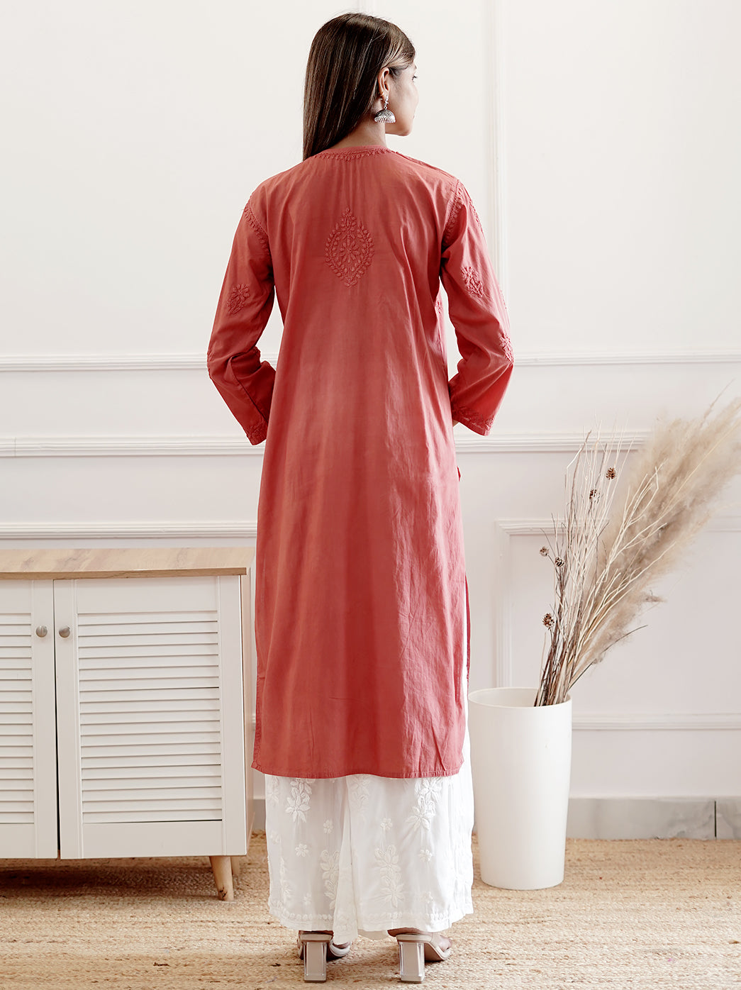 Coral Cotton Chikankari Straight Kurti