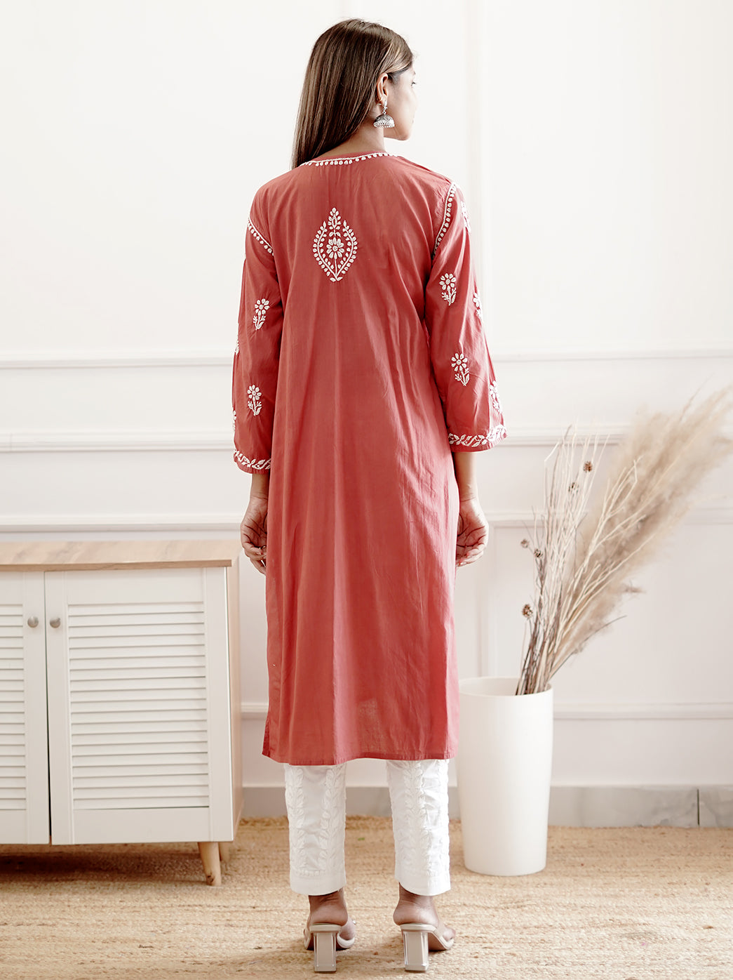 Coral Cotton Chikankari Straight Kurti