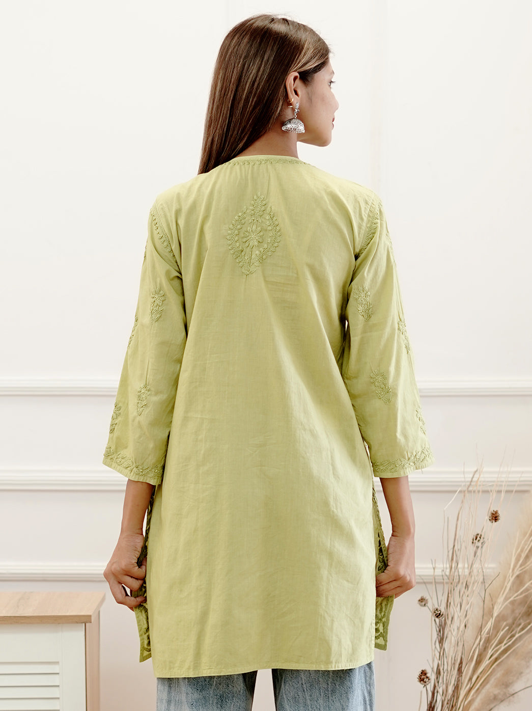 Green Cotton Chikankari Short Kurti