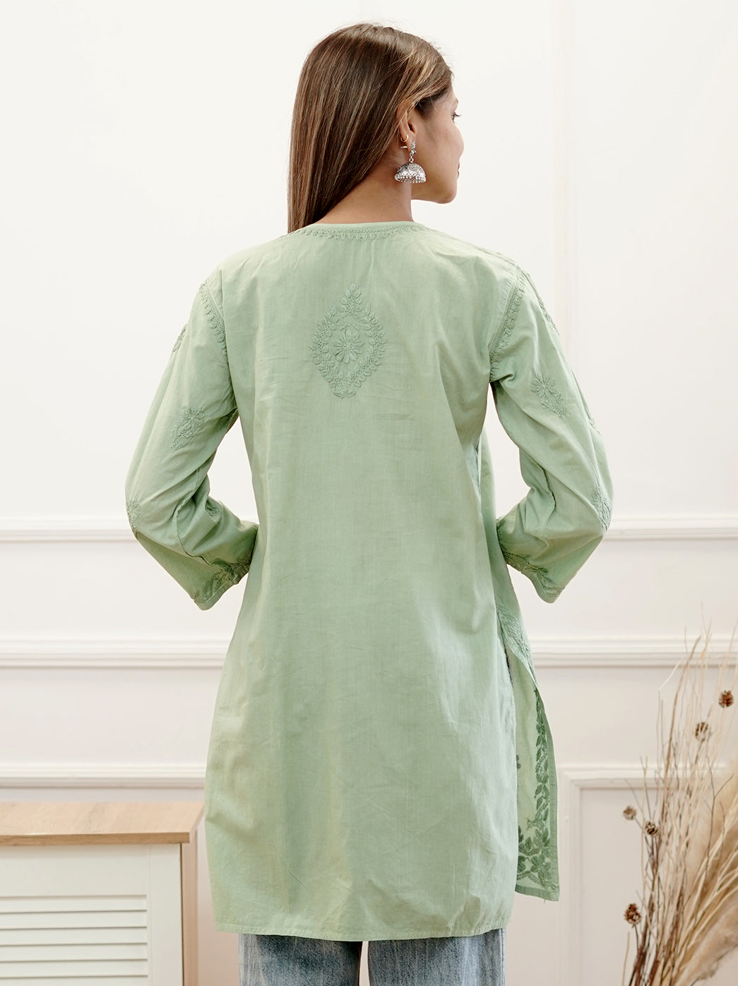Green Cotton Chikankari Short Kurti