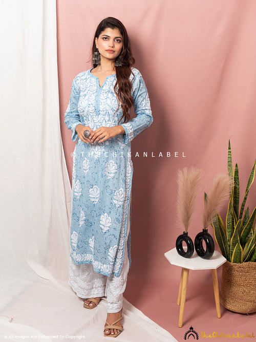 Powder Blue Nazm Cotton Printed Straight Chikankari Kurti