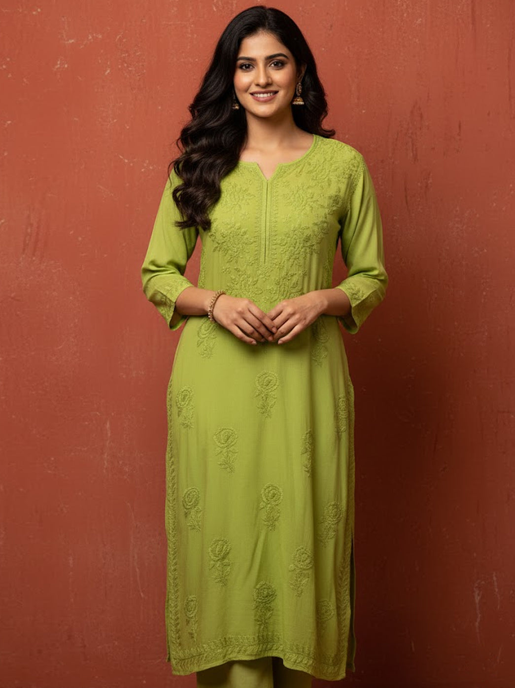 Pista Green Modal Chikankari Straight Kurti