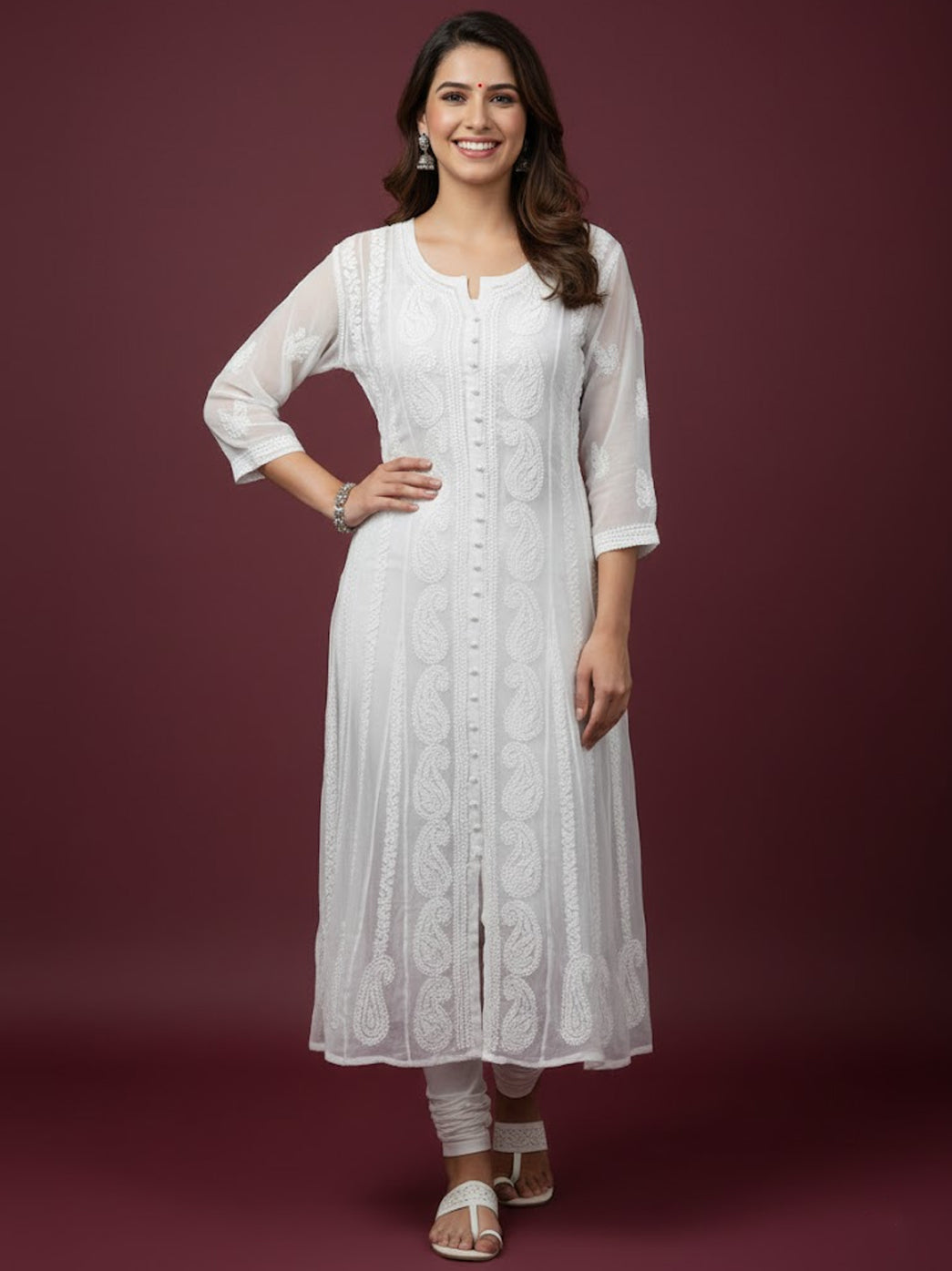 White Georgette Chikankari Straight Kurti