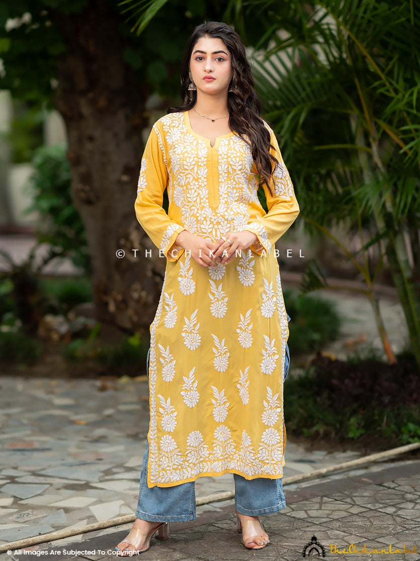 Yellow Aidah Modal Chikankari Straight Kurti ,Chikankari Straight Kurti in Modal Fabric For Woman