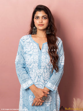 Powder Blue Nazm Cotton Printed Straight Chikankari Kurti