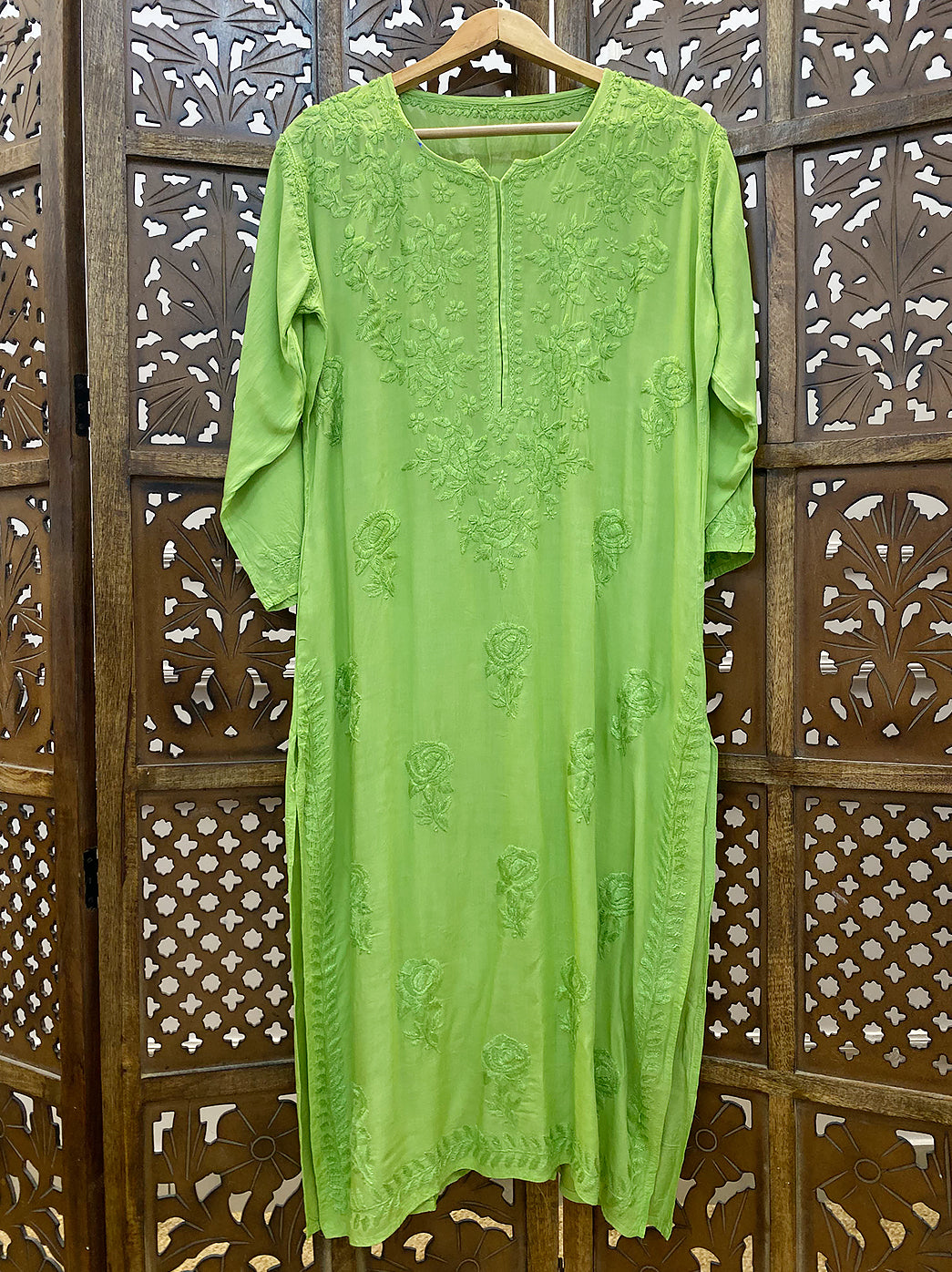 Pista Green Modal Chikankari Straight Kurti