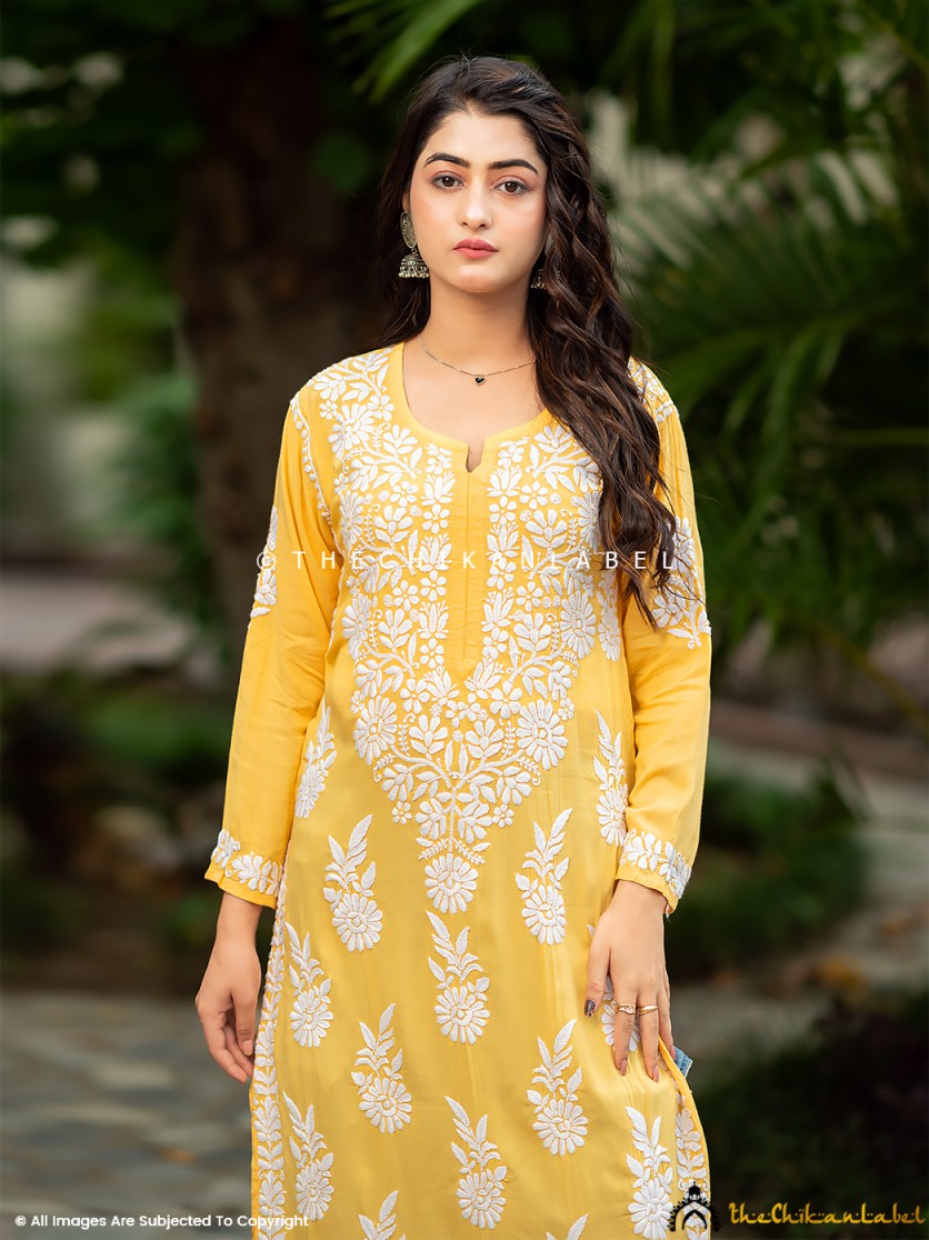 chikankari straight kurtis, modal chikankari kurti, chikankari straight kurti in modal fabric online, Buy yellow chikankari kurti online for women at best prices