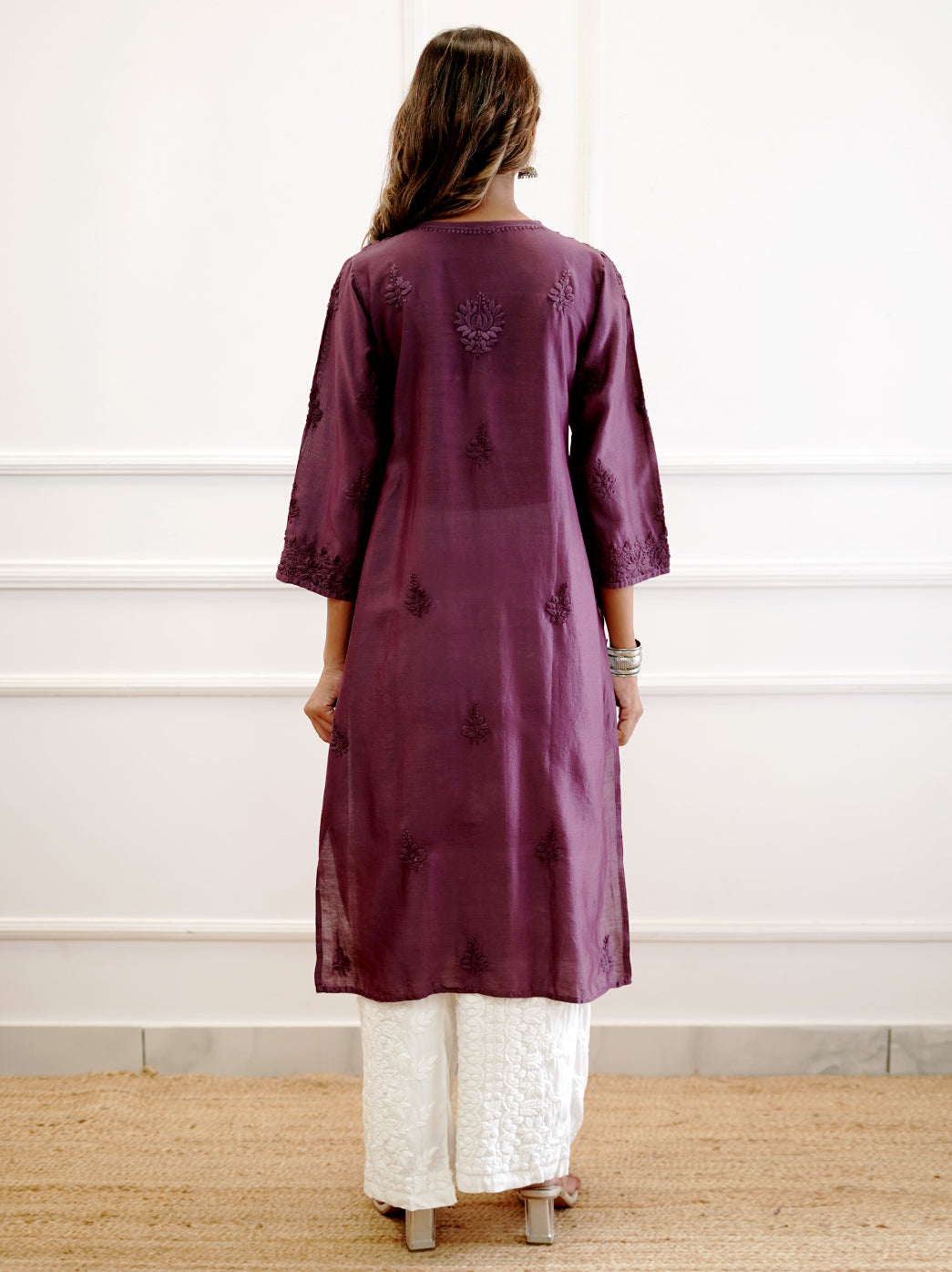 Purple Chanderi Chikankari Straight Kurti