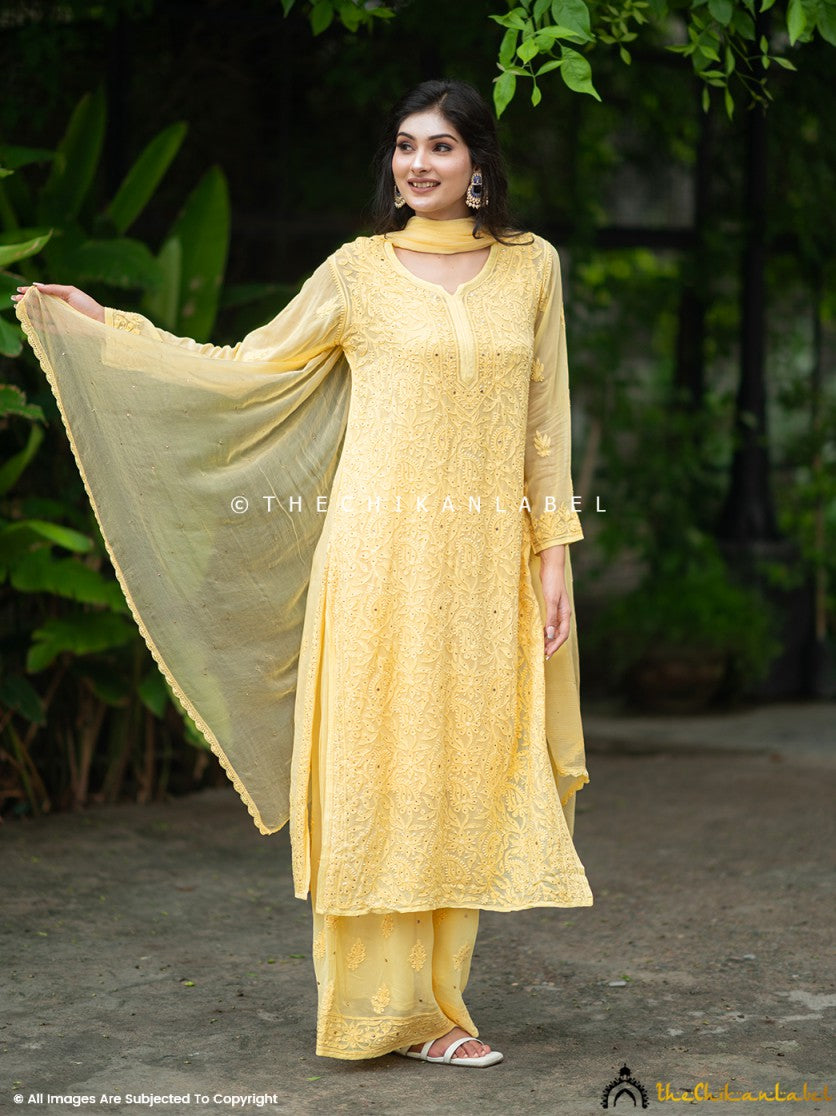 Buy Festival Wear Yellow Chikan Work Pure Cotton Kurti With Palazzo Online  From Surat Wholesale Shop.