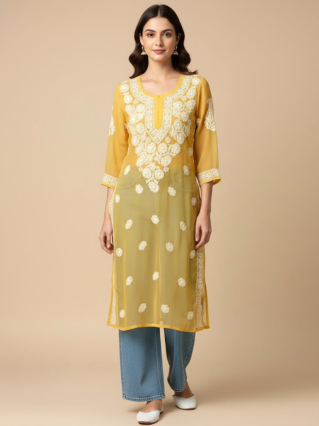 Yellow Georgette Chikankari Straight Kurti
