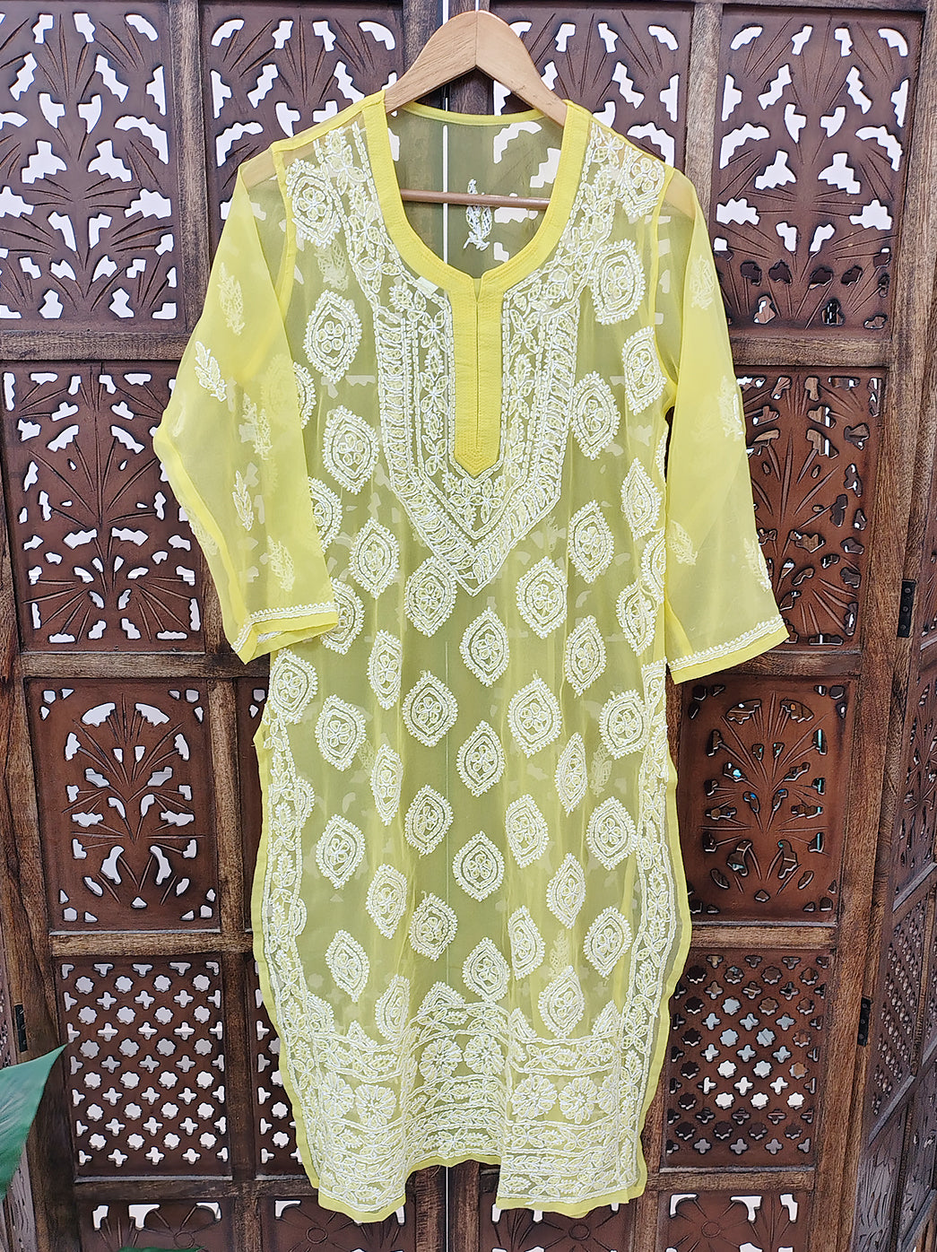 Yellow Georgette Chikankari Straight Kurti