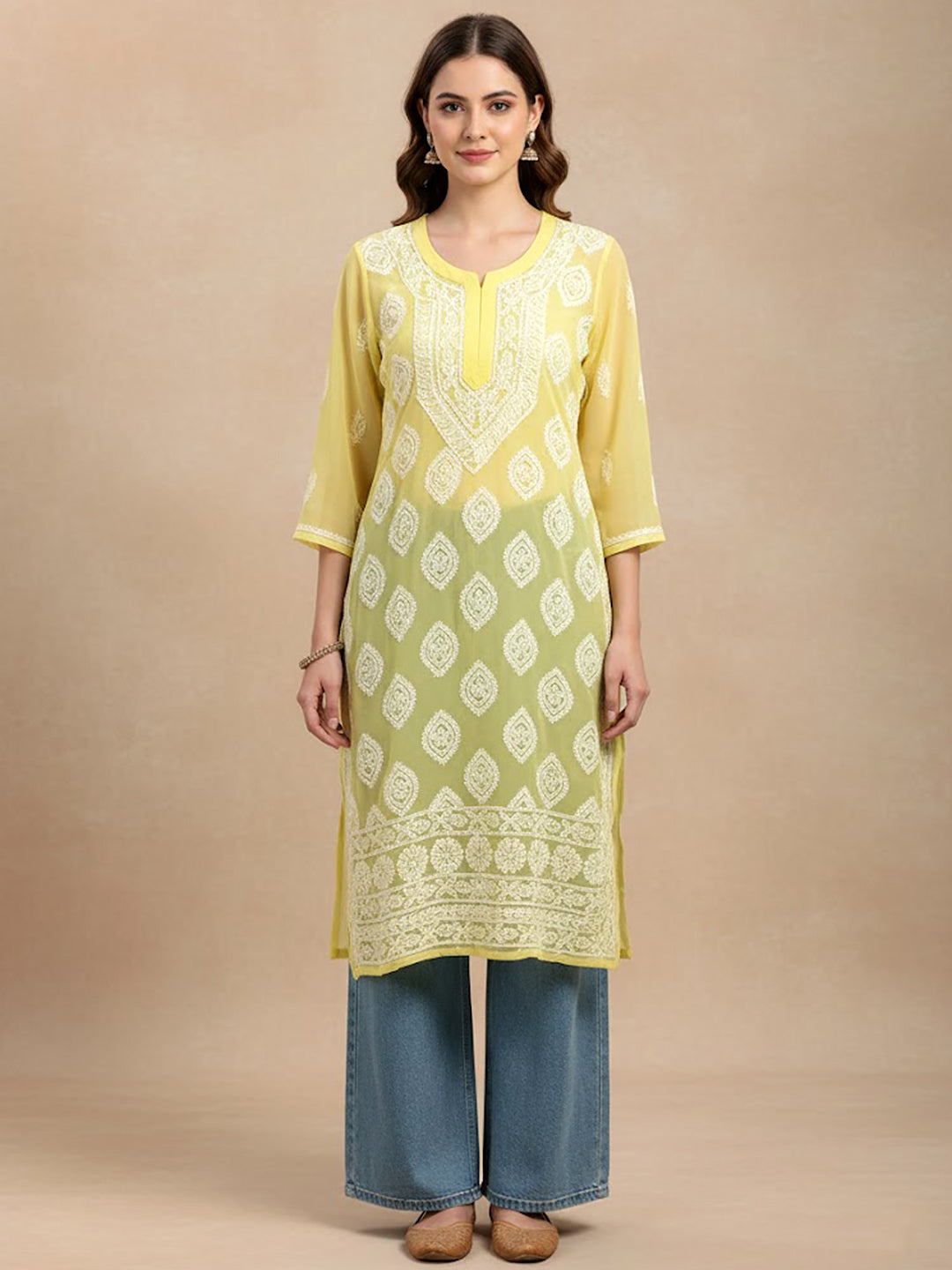 Yellow Georgette Chikankari Straight Kurti
