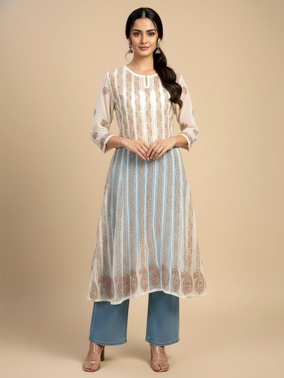 Beige Multi Georgette Chikankari Anarkali Kurti