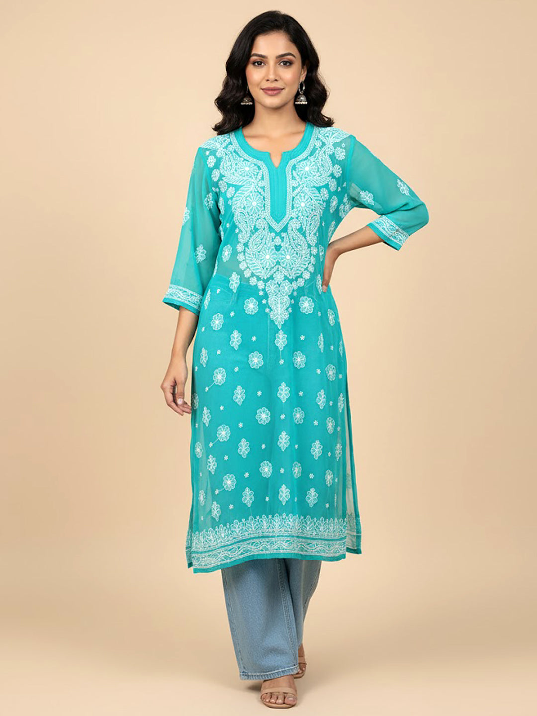 Sea Green Georgette A-Line Chikankari Kurti