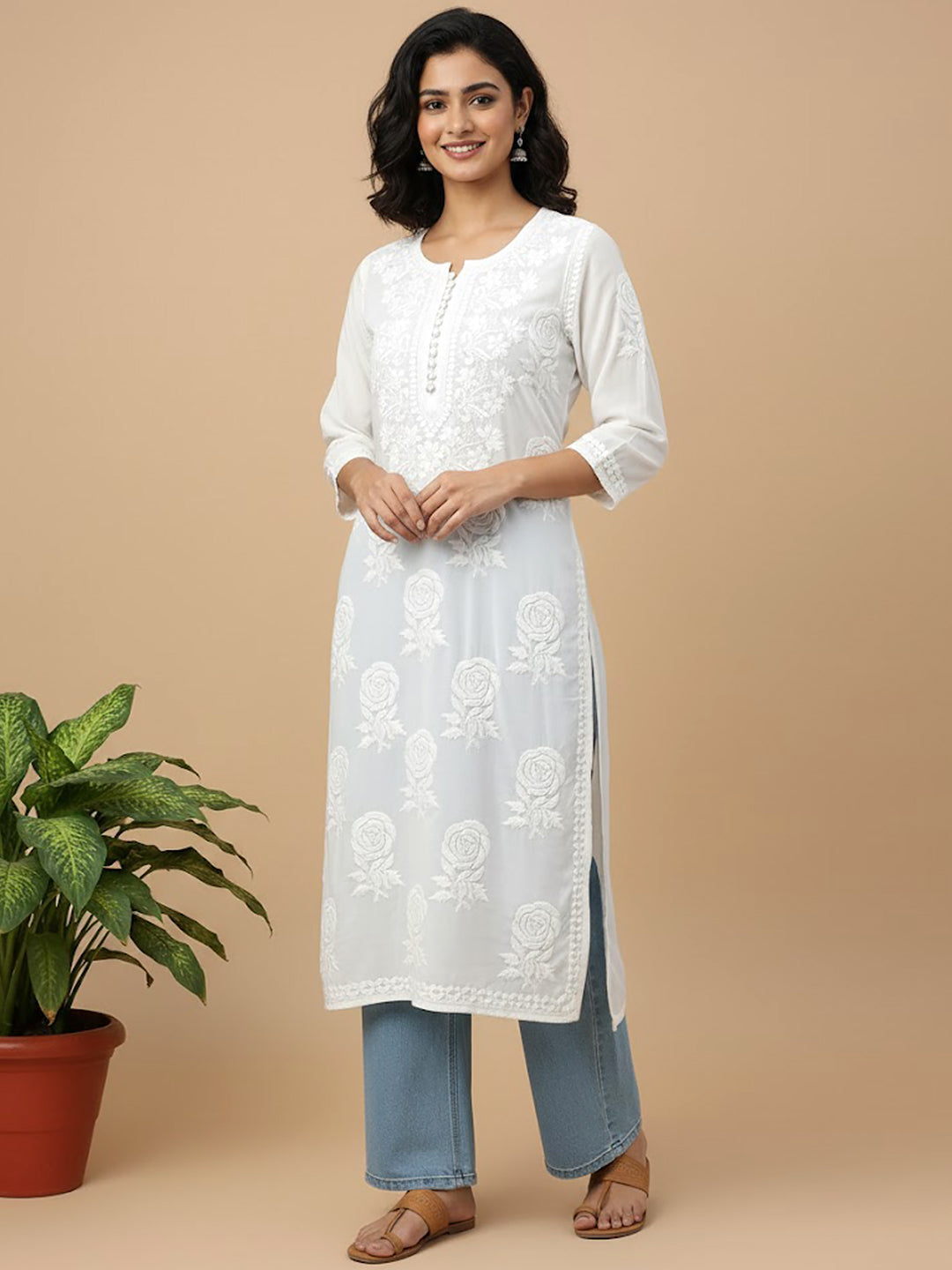 White Modal Chikankari Straight Kurti