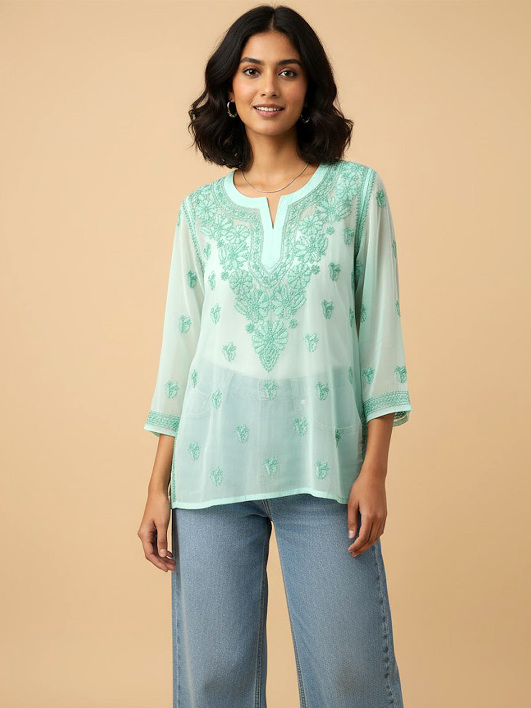Green Georgette Chikankari Short Kurti