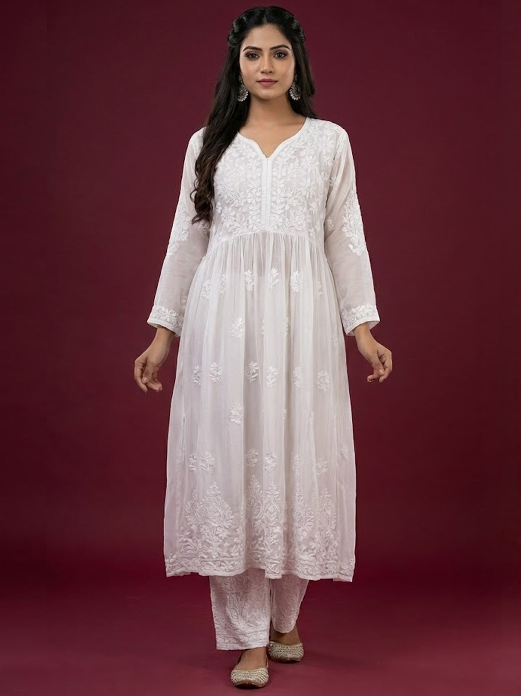 White Georgette Chikankari Anarkali Kurti