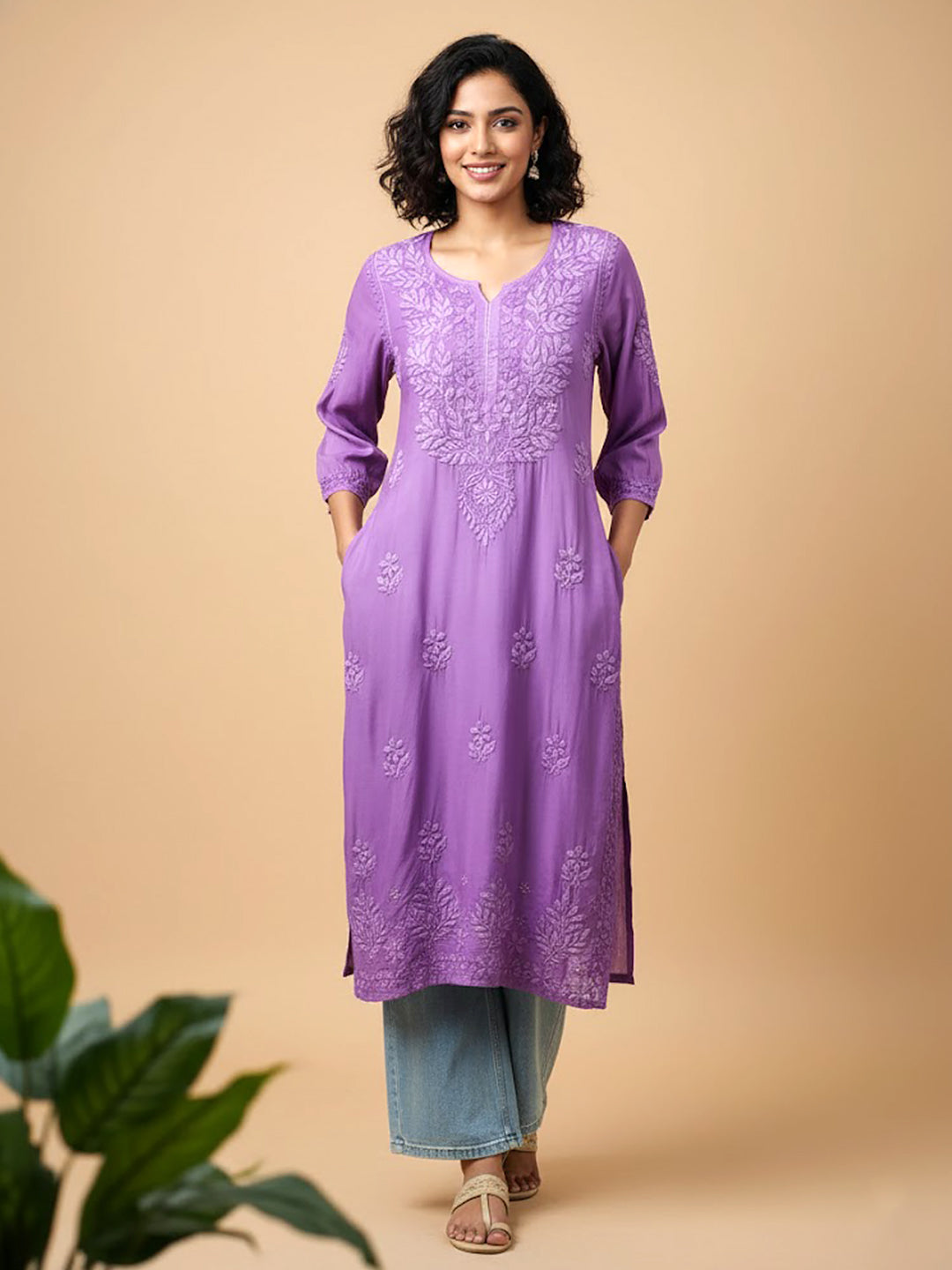 Lavender Muslin Chikankari Straight Kurti