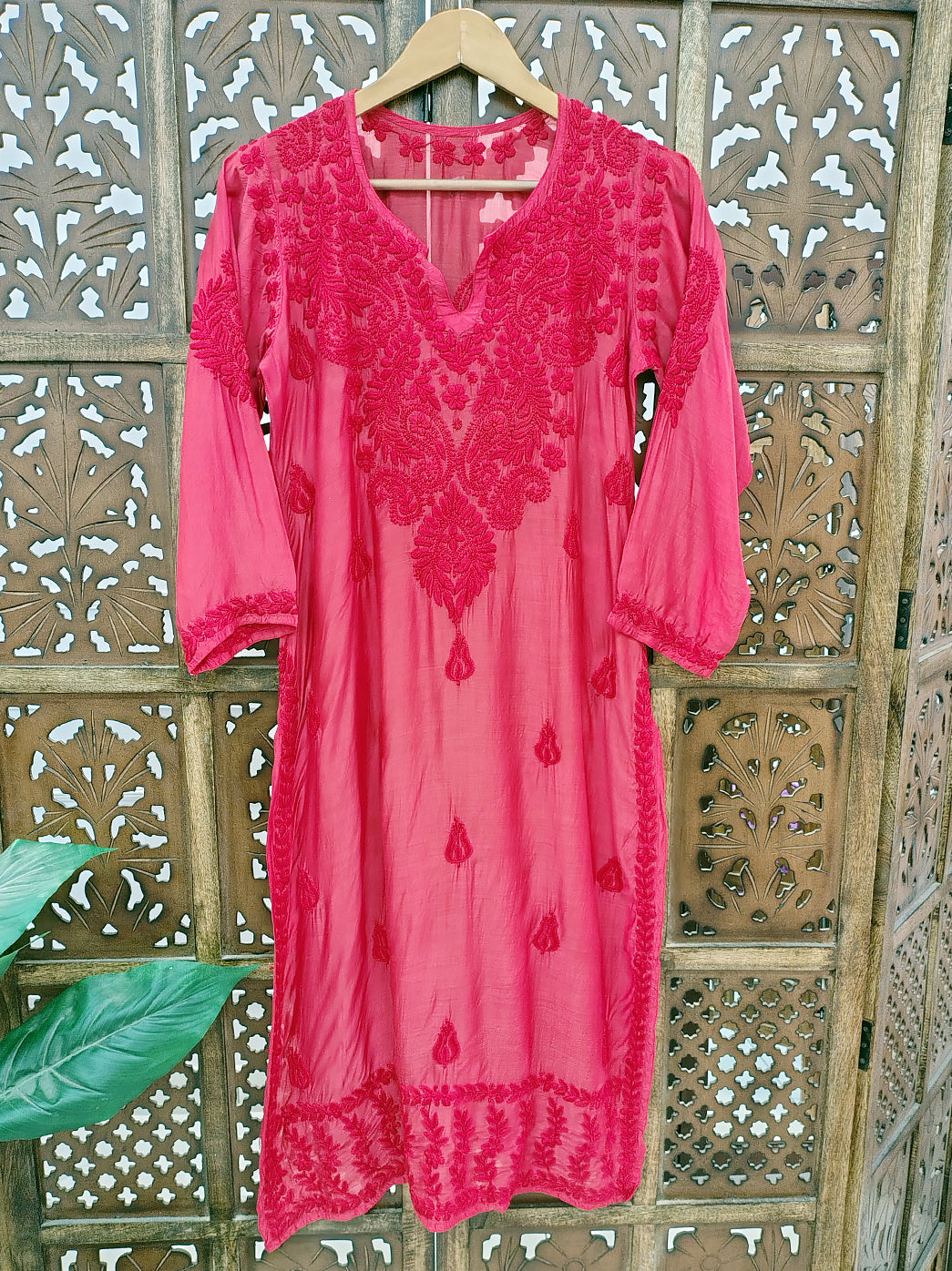 Red Muslin Chikankari Straight Kurti