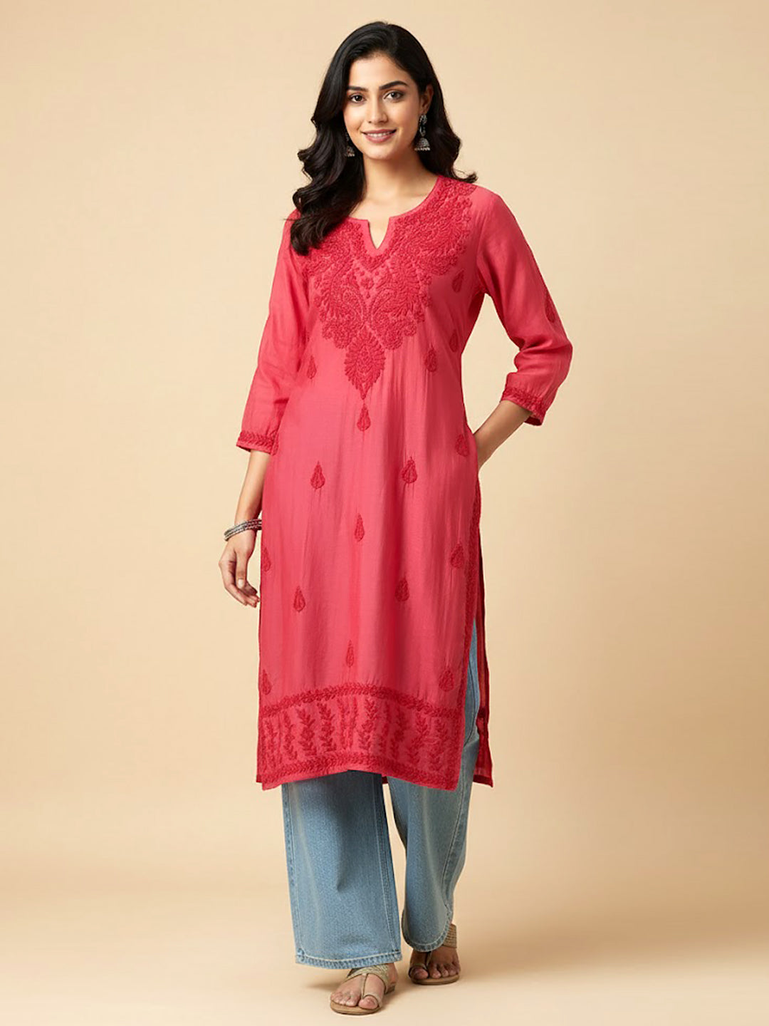 Red Muslin Chikankari Straight Kurti