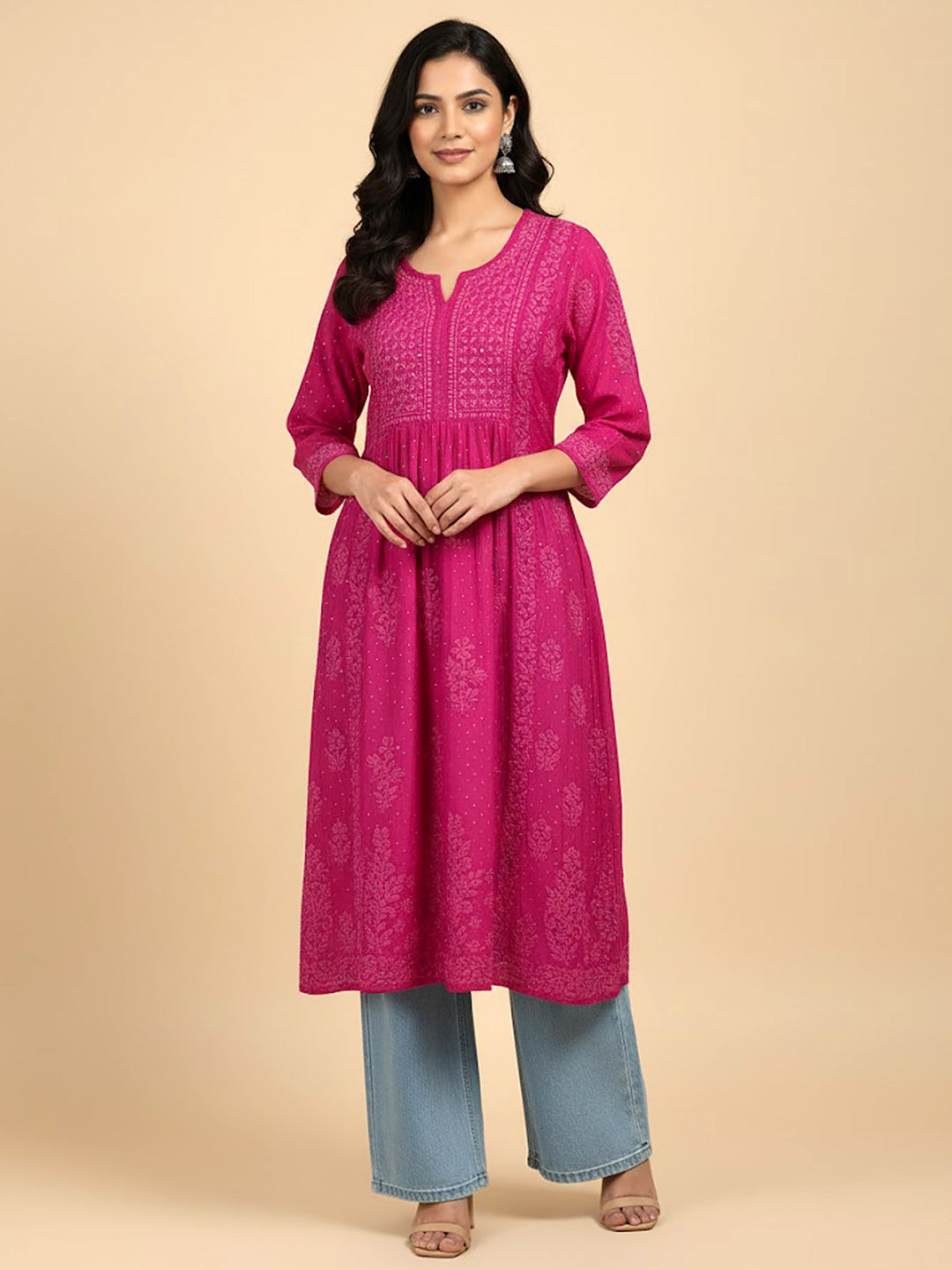 Rani Pink Chanderi Chikankari A-Line Kurti
