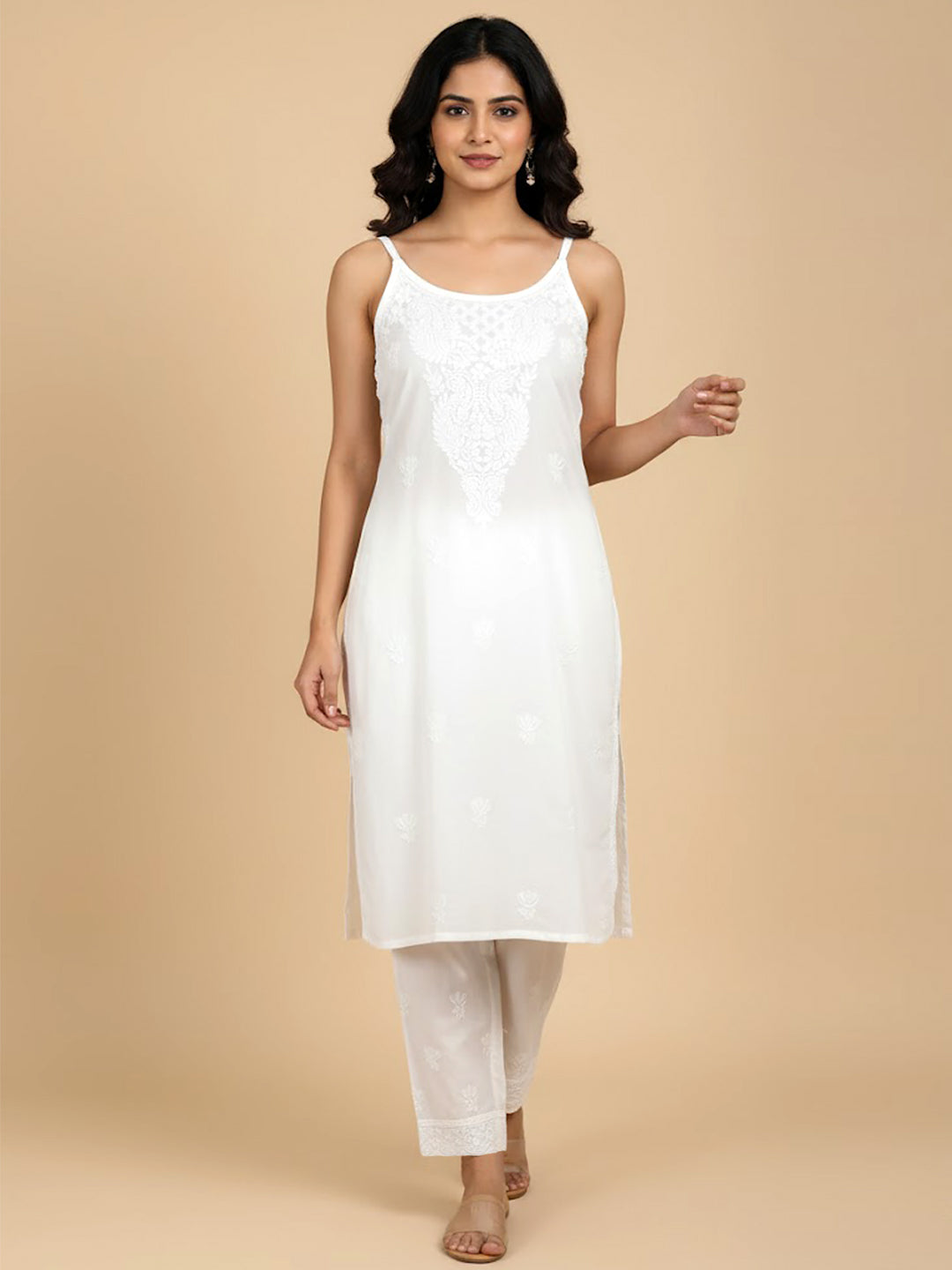 White Cotton Chikankari Strappy Set