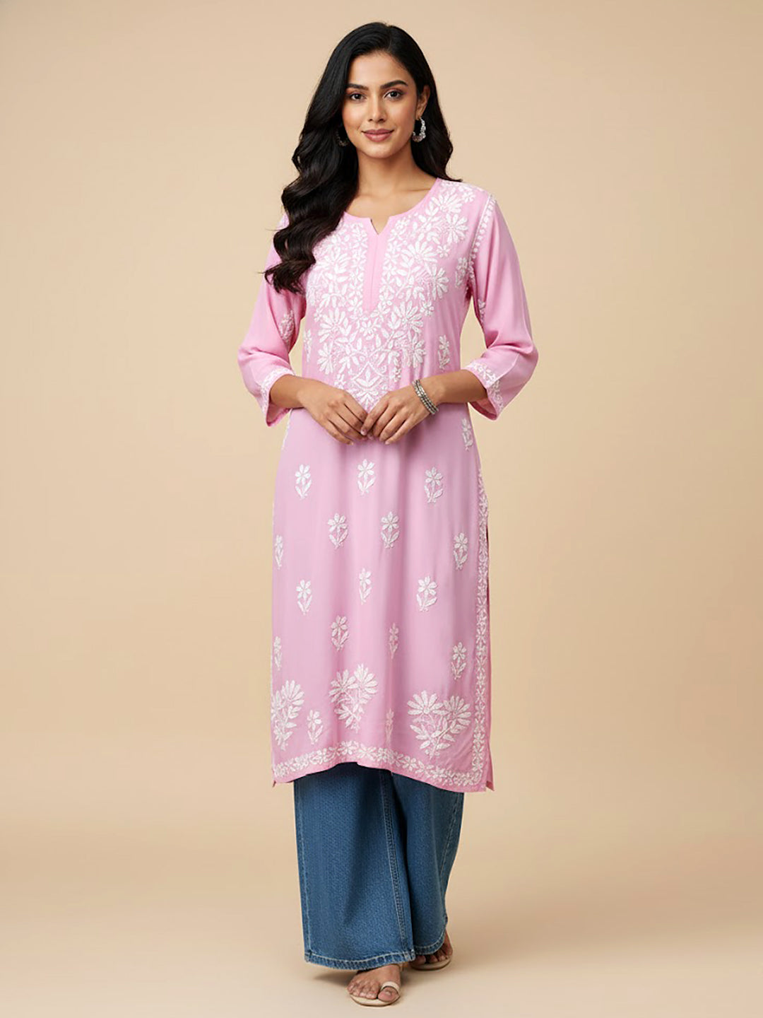 Baby Pink Modal Chikankari Straight Kurti