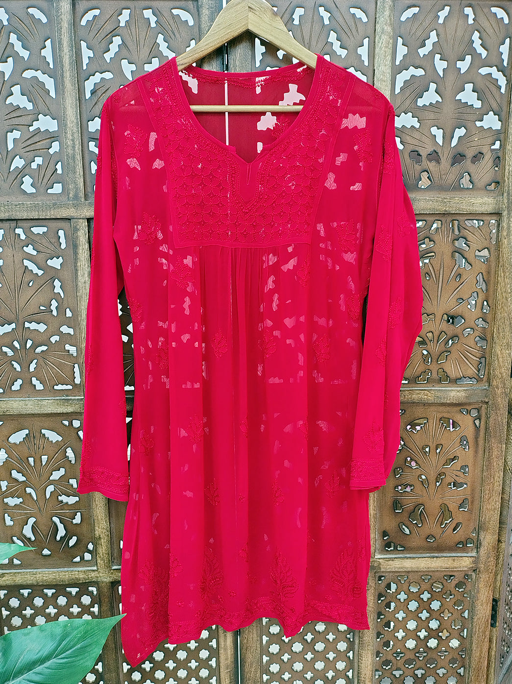 Red Viscose Chikankari Short Kurti