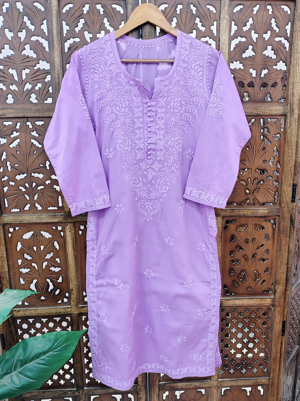 Lavender Cotton Chikankari Straight Kurti