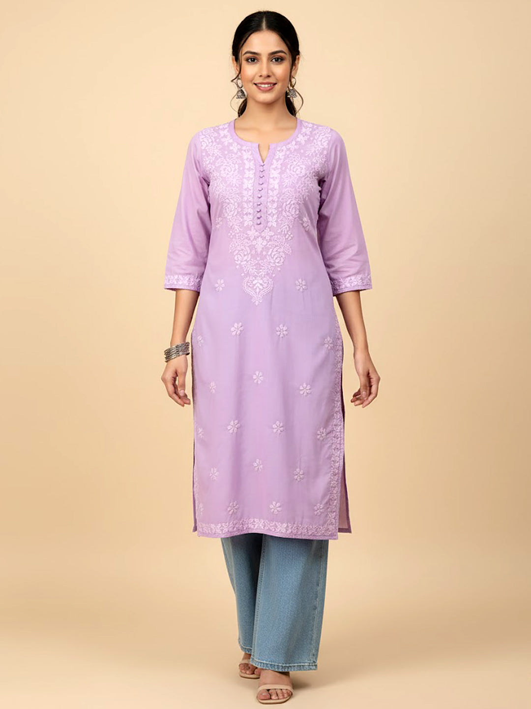 Lavender Cotton Chikankari Straight Kurti