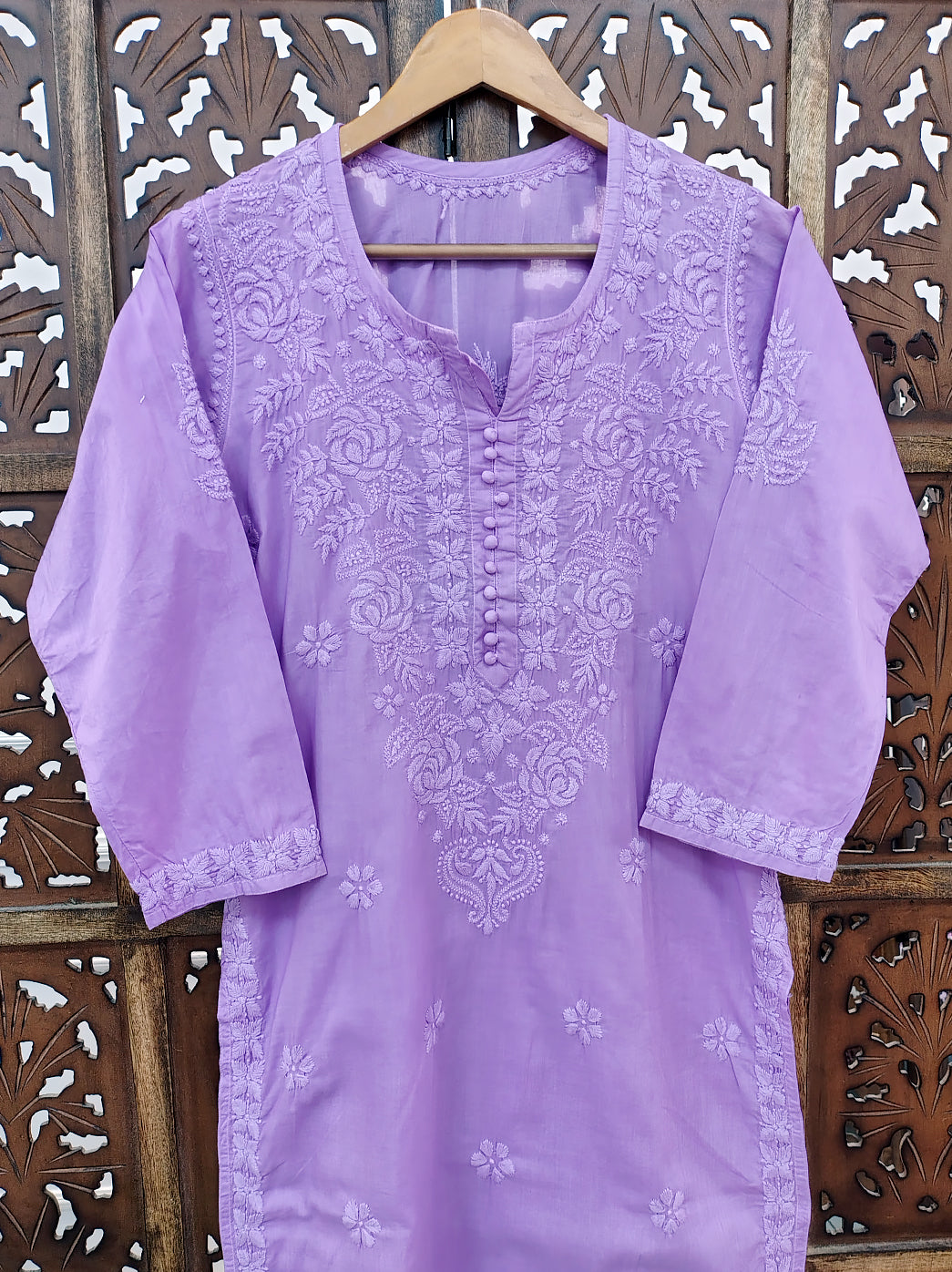 Lavender Cotton Chikankari Straight Kurti