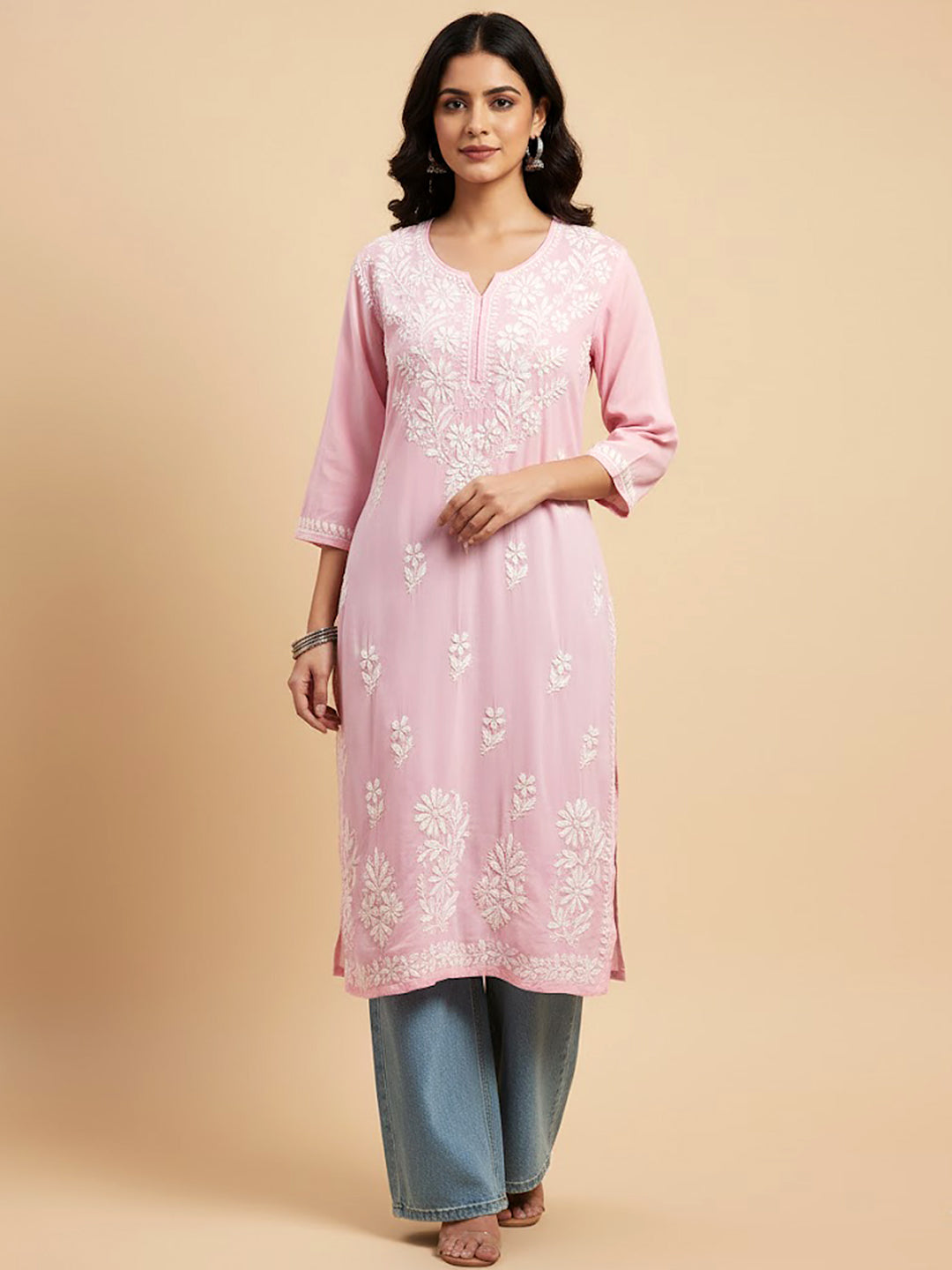 Baby Pink Modal Chikankari Straight Kurti