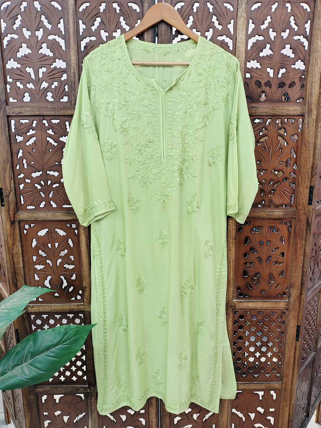 Pista Green Modal Chikankari Straight Kurti