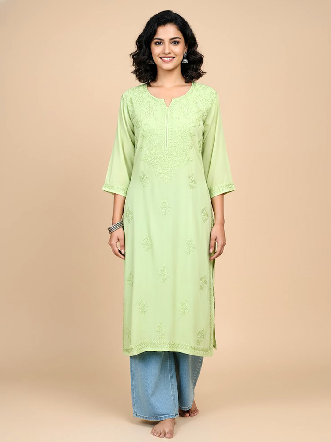Pista Green Modal Chikankari Straight Kurti