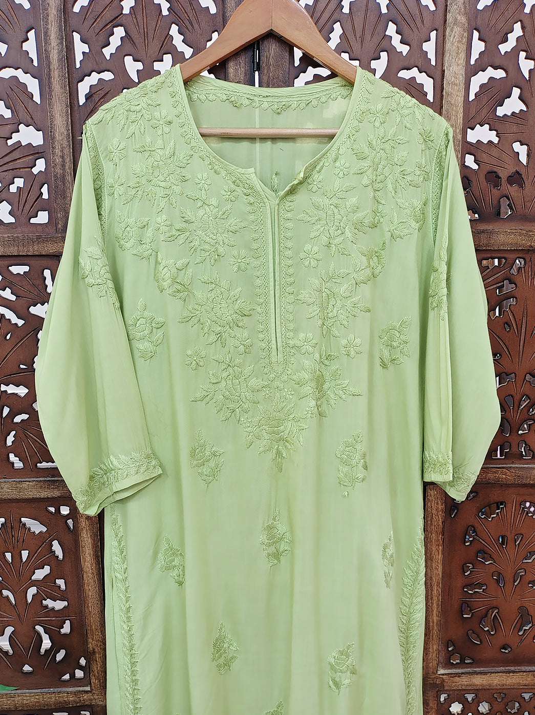 Pista Green Modal Chikankari Straight Kurti